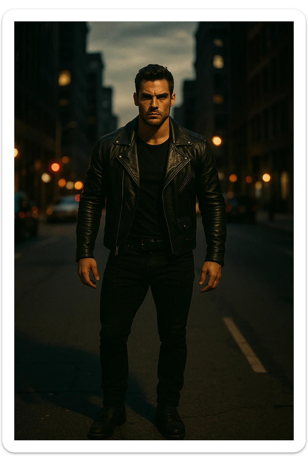 A confident, strong man standing in the middle of a city street at dusk, wearing a black leather jacket and boots, sharp jawline, intense gaze. Radiating masculine energy. Cinematic lighting, moody urban background, dramatic shadows, shallow depth of field. 35mm film style sticker