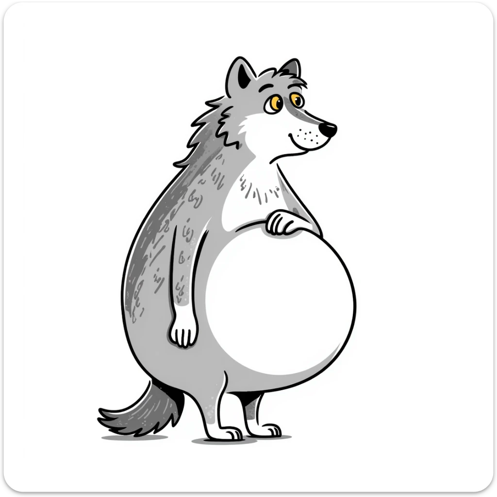 Wolf with enormous pregnant belly, gray fur, yellow eyes, standing sideways to show the large belly sticker