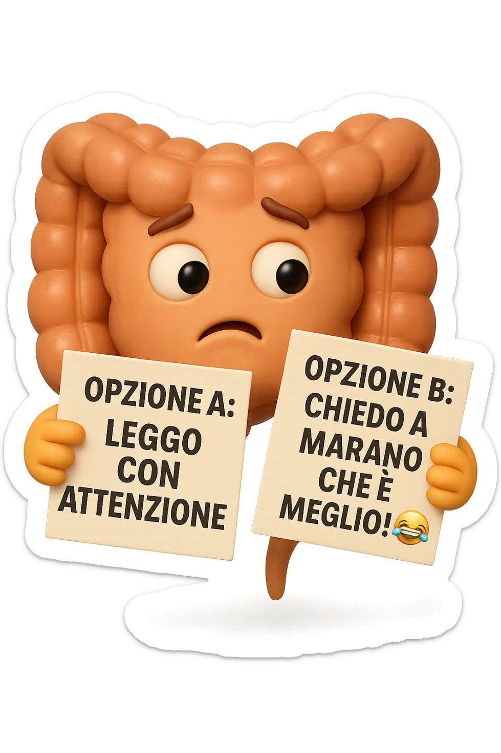 SU QUESTO STILE FAI UN EMOJI STILE IPHONE 3D DI UN INTESTINO CHE HA nella mano destra "OPZIONE A: LEGGO CON ATTENZIONE" E NELLA MANO SINISTRA" OPZIONE B: CHIEDO A MARANO CHE è MEGLIO! (METTICI UNO SMILE CON RISATE QUI)", FAGLI UN ESPRESSIONE CONFUSA MENTRE GUARDA L'OPZIONE A E FALLO MOLTO REALISTICO IN 3D sticker