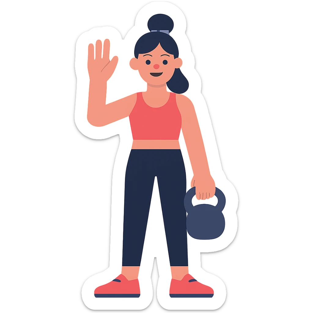 flat design style sport girl with kettlebell in one hand and waving hello with the other sticker