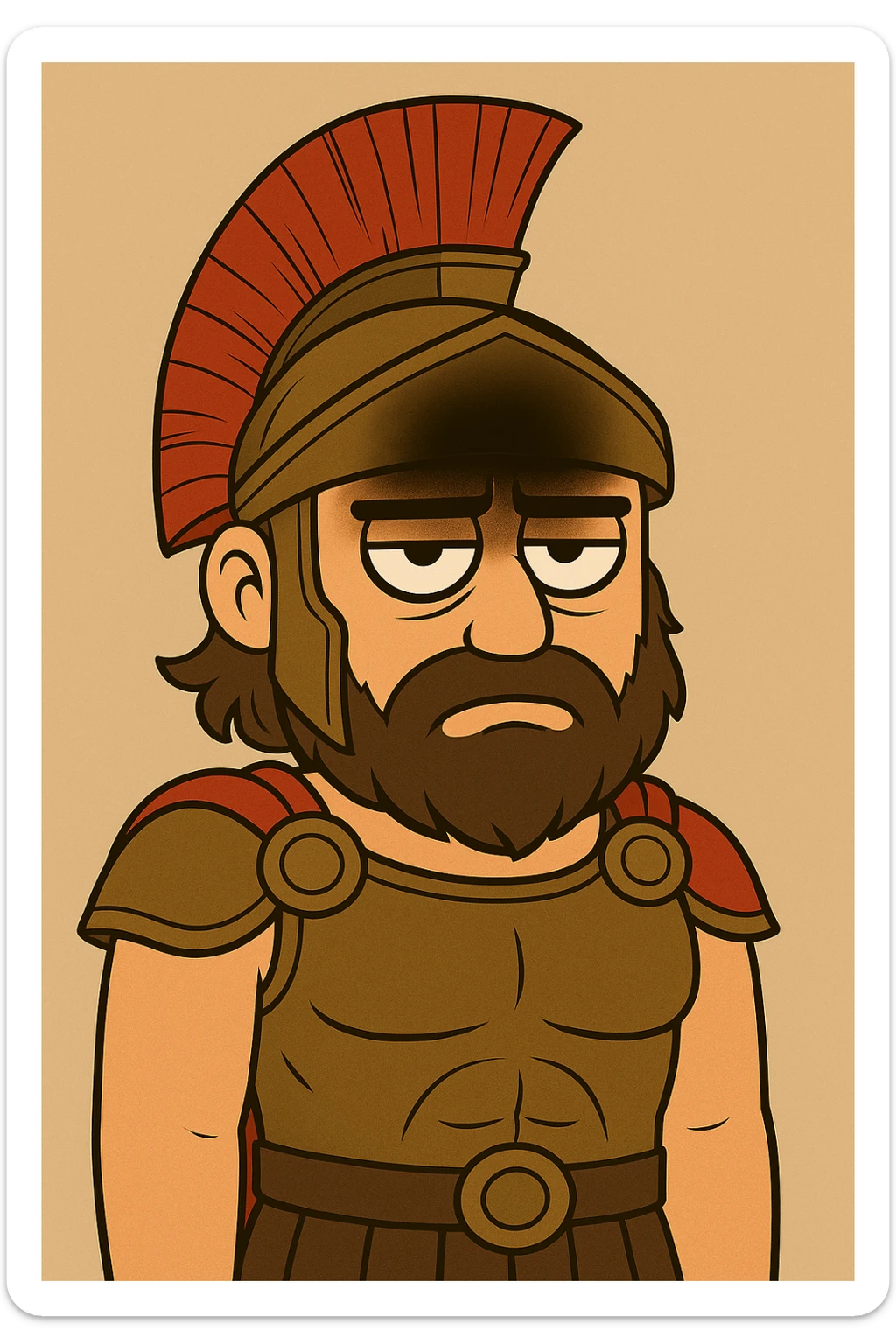 Crop the image to show only the head and upper torso of Ares in an animated cartoon style. Keep the armor and helmet visible. Add a black shadow on his forehead to emphasize a deep discomfort, as if he is very uneasy. Expression should be blasé. sticker