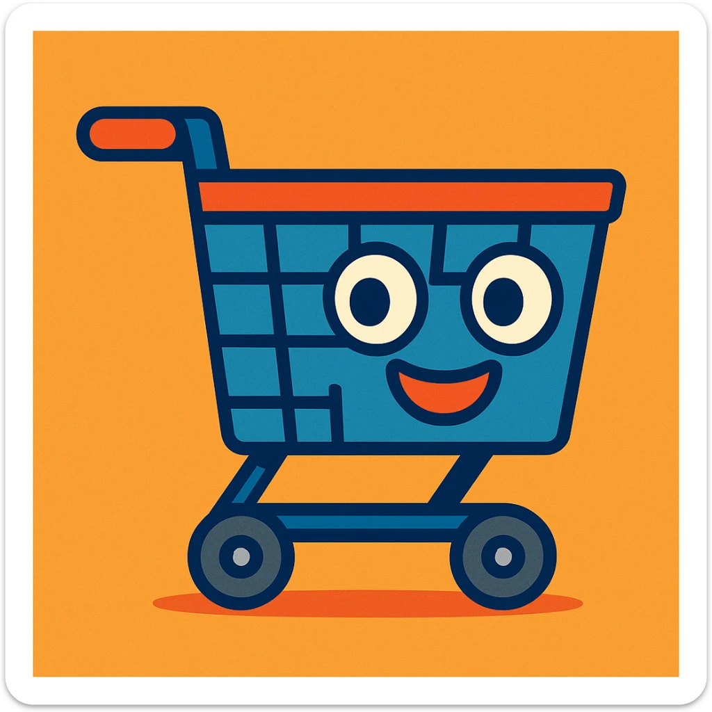 cartoon shopping cart with big eyes and a smile, cute and friendly character sticker