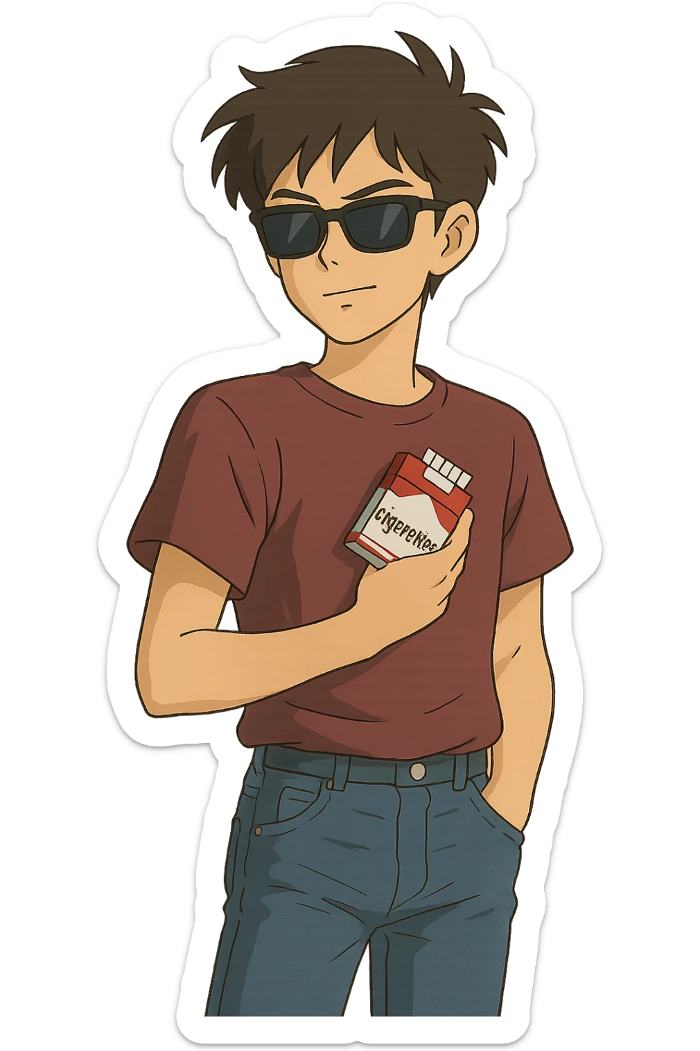 A cool teenager wearing jeans and a t.shirt holding a packet of cigarettes close to his body sticker