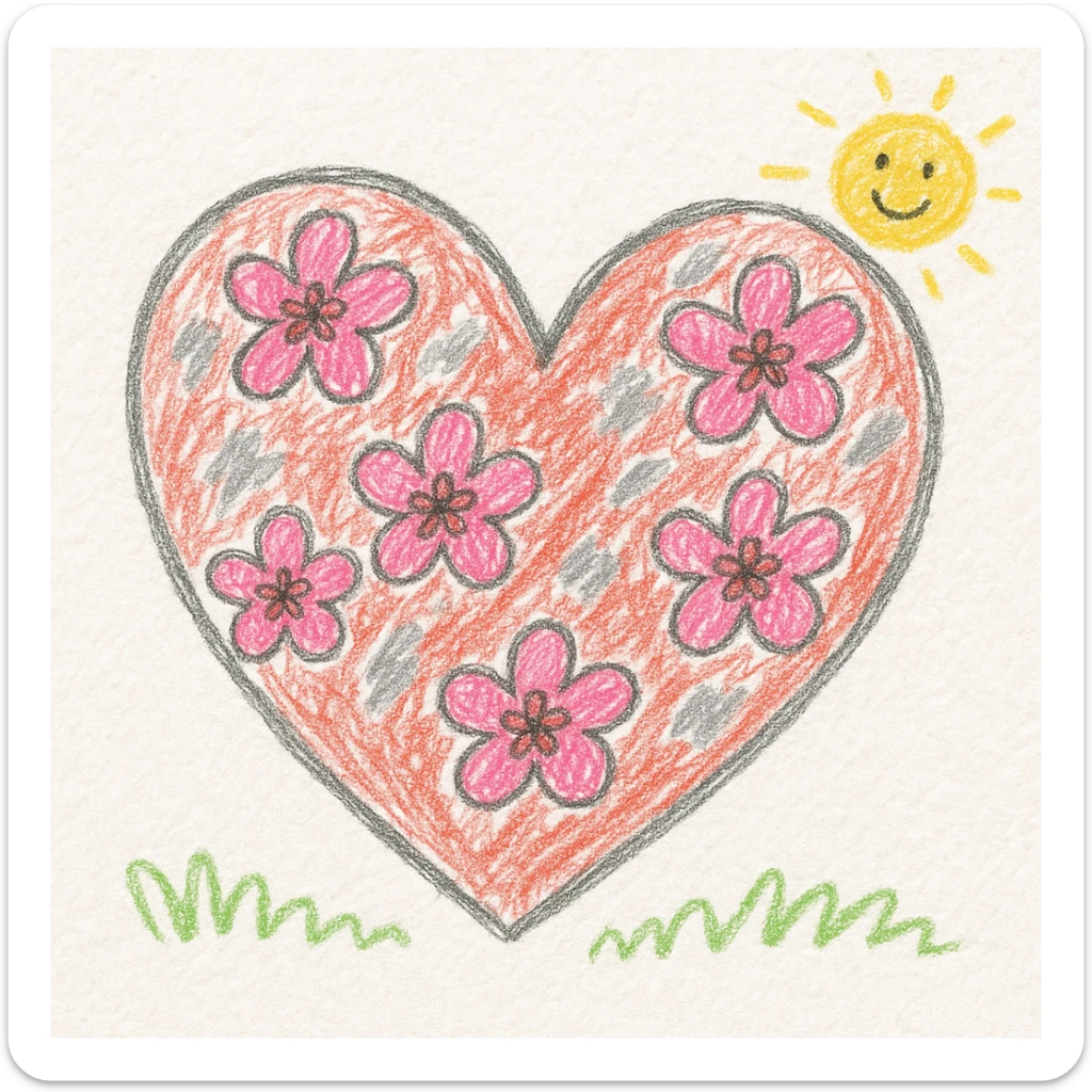 heart with sakura flowers and silver accents, children doodle style sticker