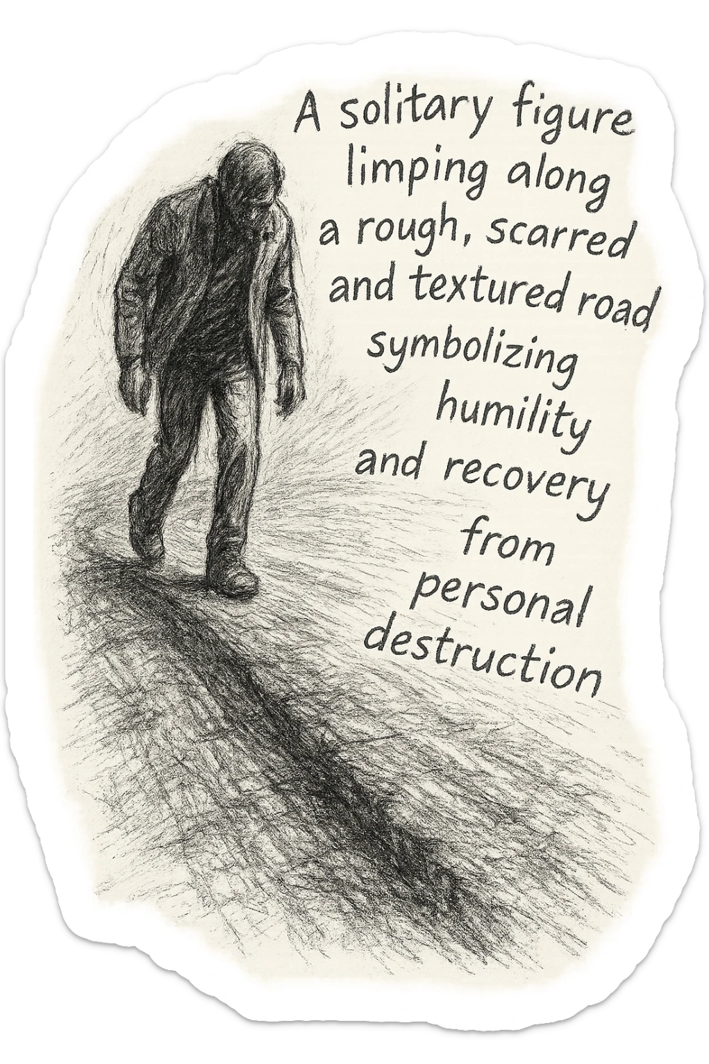 black and white pencil sketch of a solitary figure limping along a rough, scarred, and textured road symbolizing humility and recovery from personal destruction, dramatic lighting, poem text integrated into the sketch flowing along the road or around the figure in a handwritten or sketched style, no background sticker