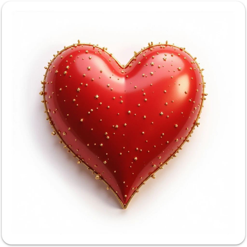 photorealistic red heart with sparkles and gold outline, glossy finish, white clean background sticker