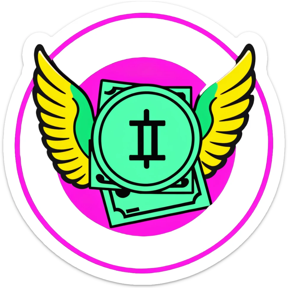 Minimalist sticker with white 'tt' letters on a black circle with cyan, magenta, and yellow dots below, money with wings emoji with street style influence sticker