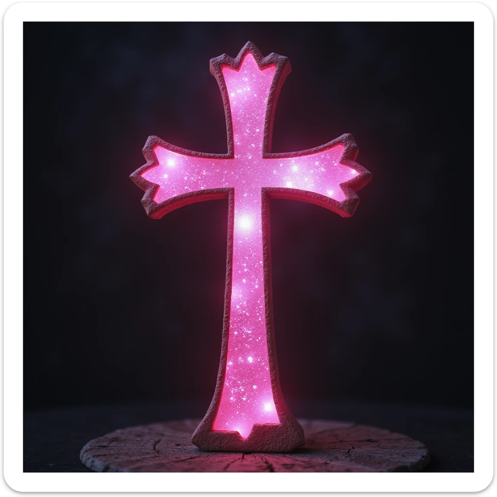 realistic gothic cross, pink with a starry night motif, photorealistic style, no background sticker