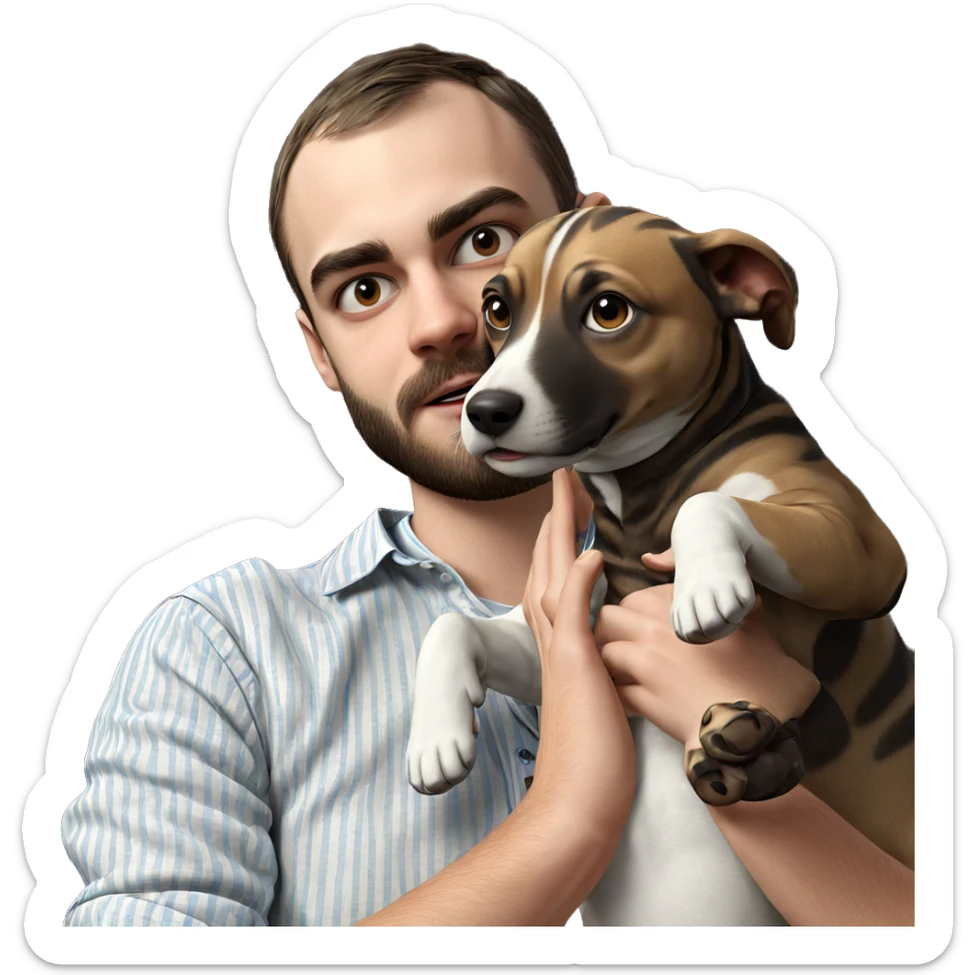 striped shirted boy with dog sticker