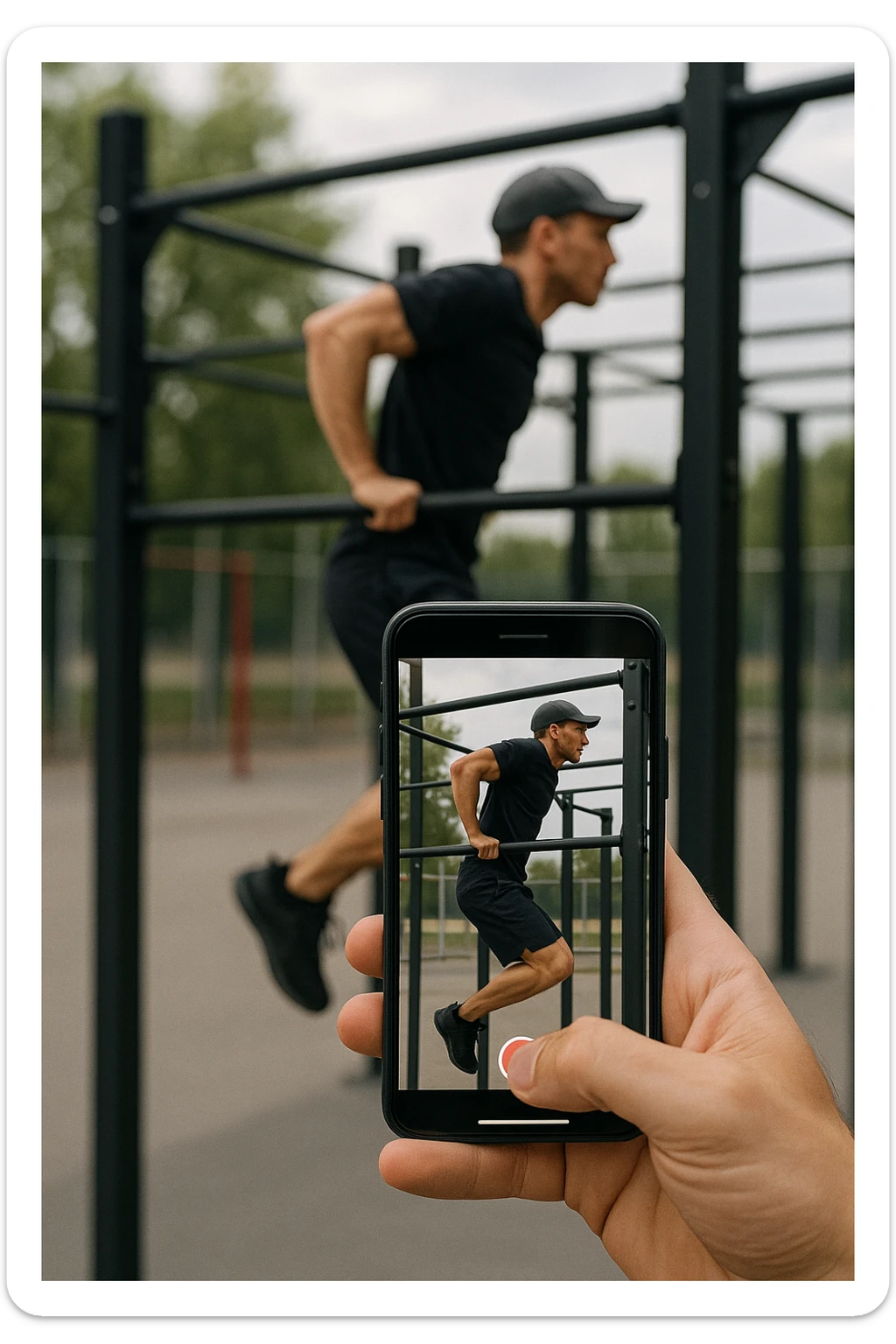 uomo che fa Muscle up e si sta filmando di lato con il telefonino che lo riprende mentre si allena, così da analizzarsi dopo sticker
