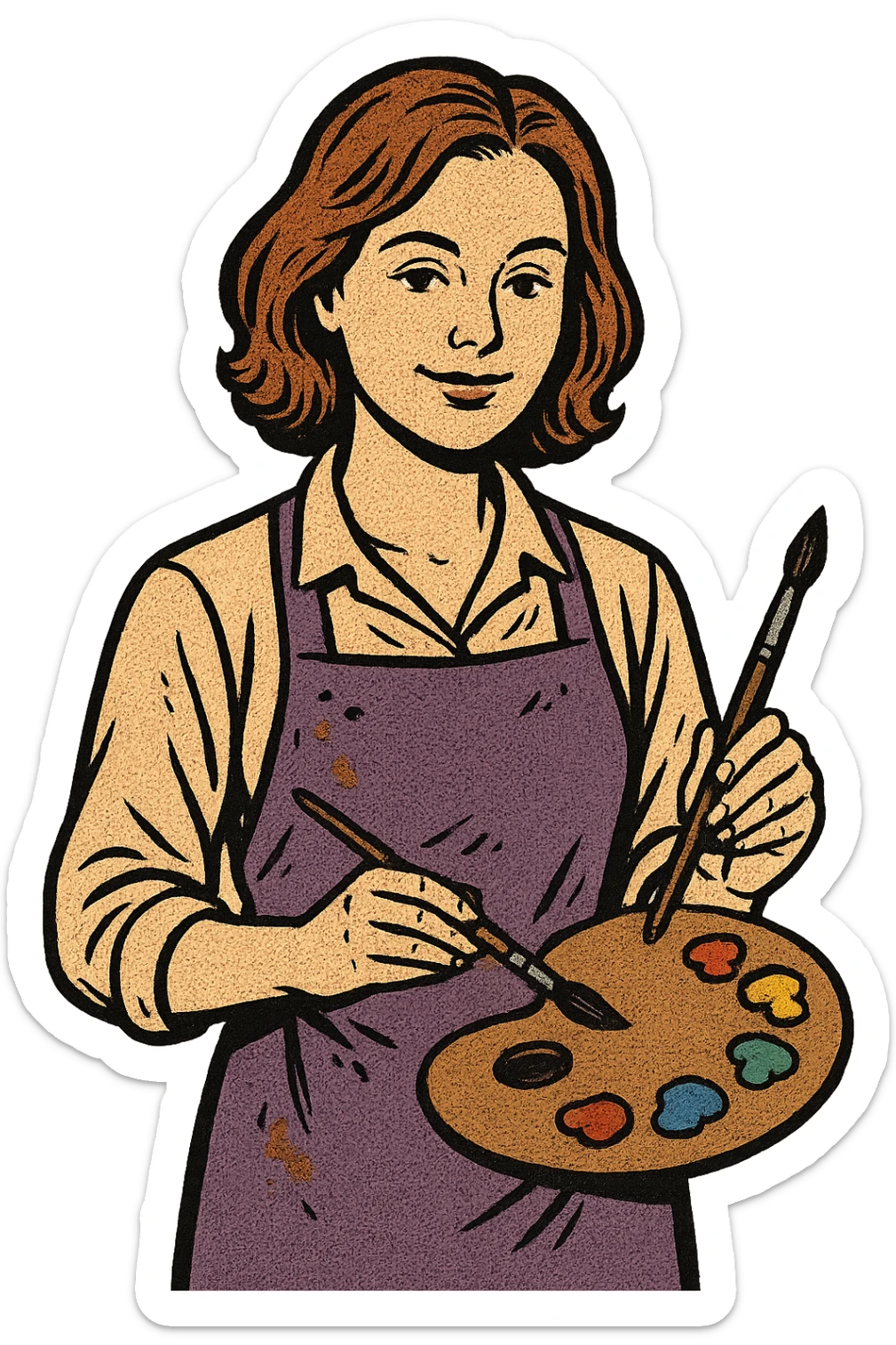 Serene female oil painter, Caucasian features, shoulder-length auburn hair, soft brown eyes, gentle smile, wearing a violet painter’s apron lightly stained with paint over a beige blouse, holding a wooden palette with vibrant colors in one hand and a brush in the other, waist-up, front-facing sticker