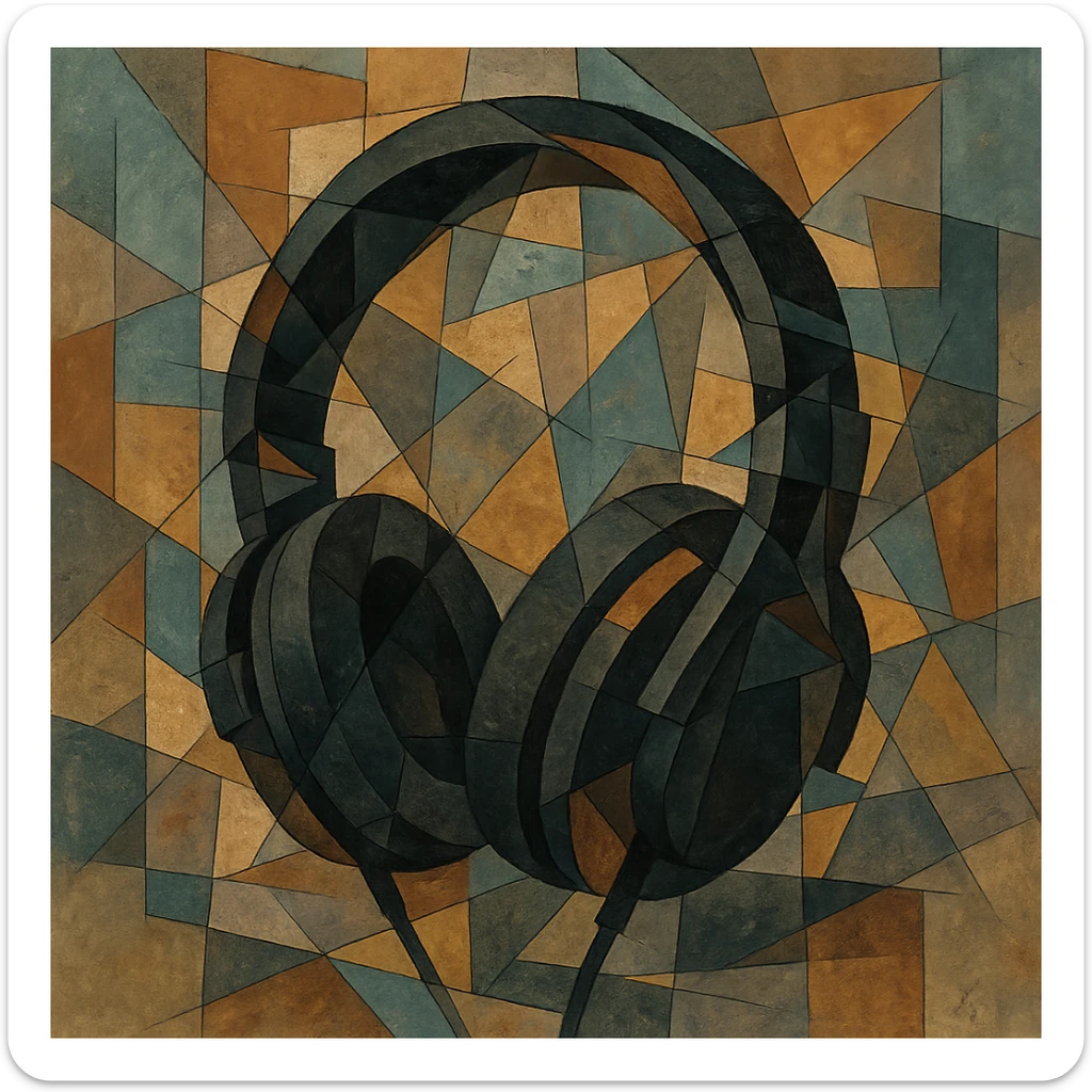 black gothic headphones with fragmented shapes and dark accents, cubist abstraction style sticker