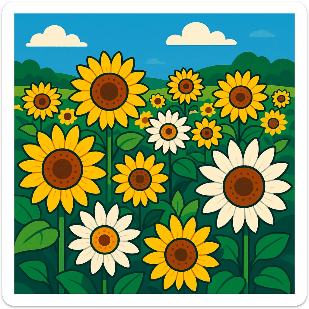 campo de girasoles amarillos con algunos girasoles blancos, estilo ilustración vibrante, enfoque en contraste de colores y alegría, fondo natural sticker