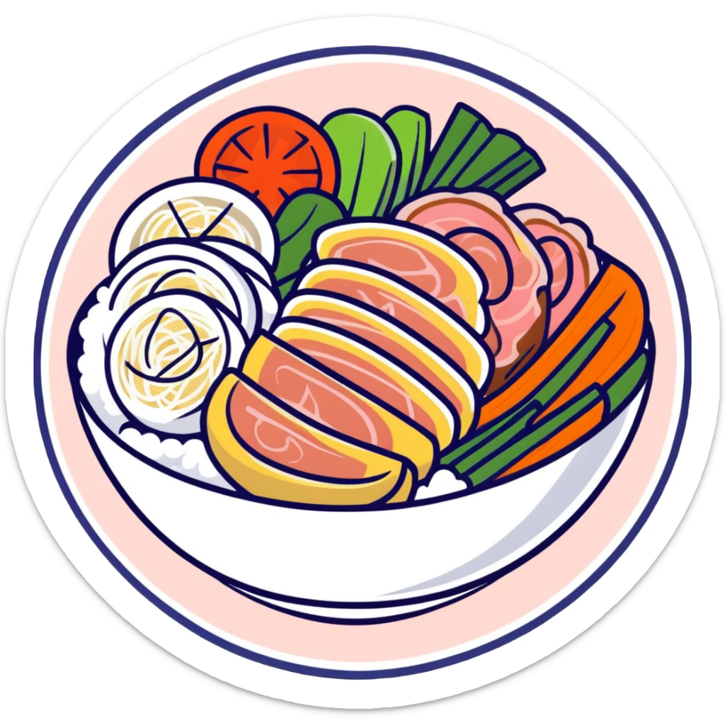 A Vietnamese Bún Thịt Nướng dish with rice noodles, grilled pork, fresh herbs, and vegetables in a bowl sticker