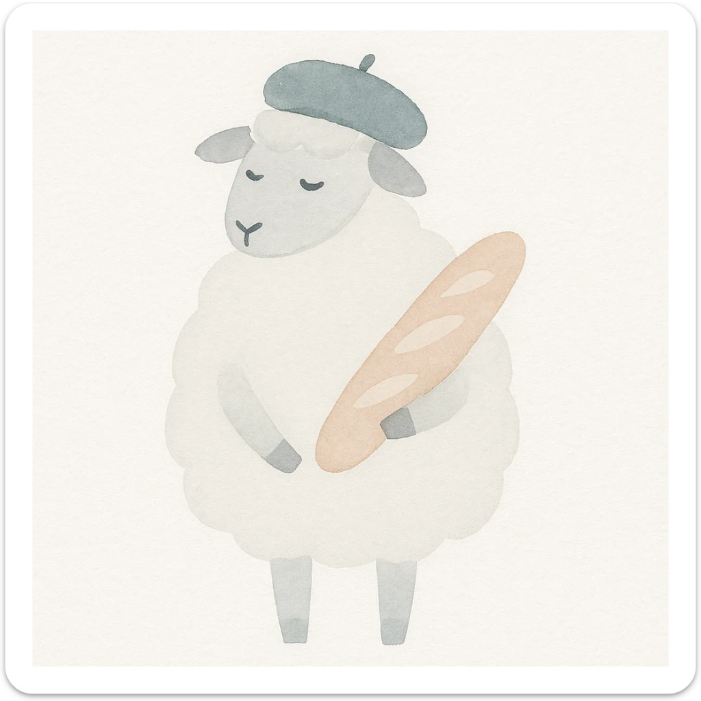 a French sheep with a beret and baguette, watercolor art style sticker