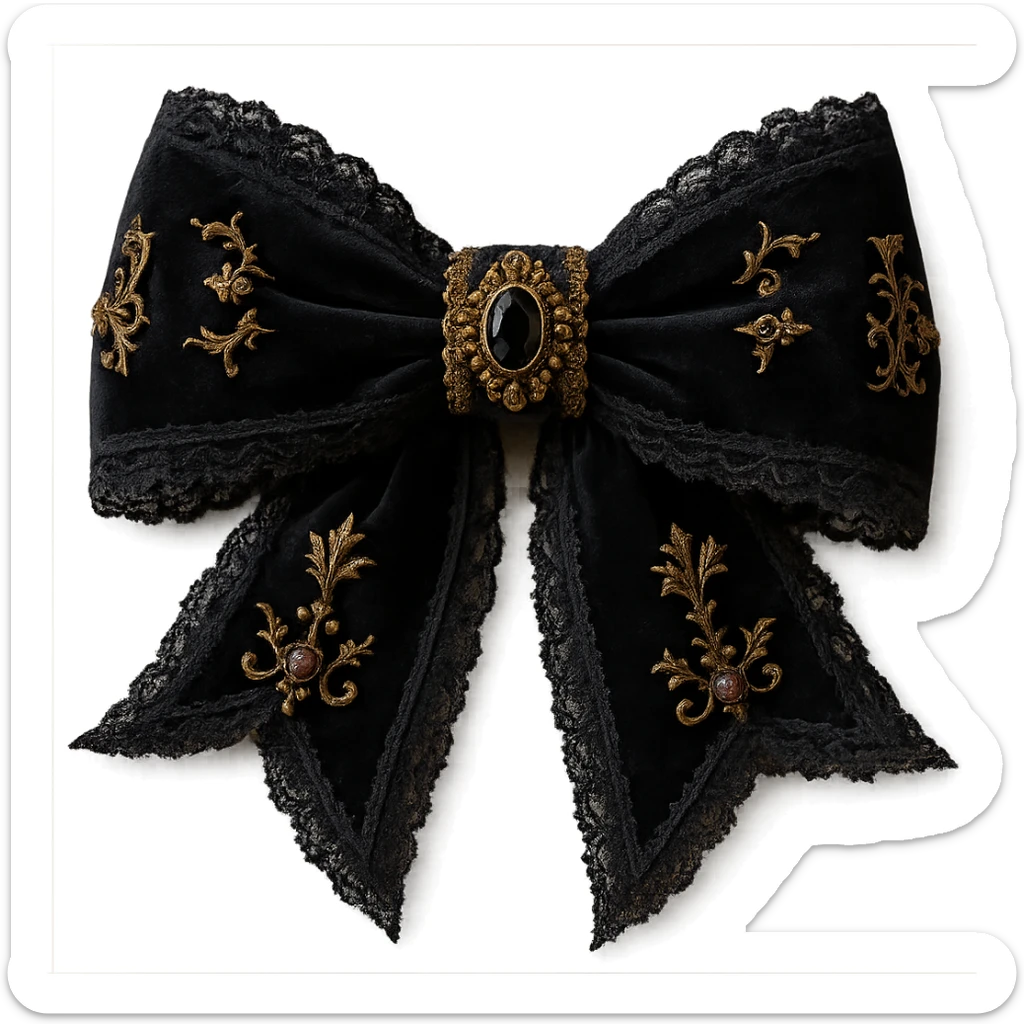 Add lace and velvet details to the gothic bow and accessories in a photorealistic style. Keep the background transparent if possible. sticker