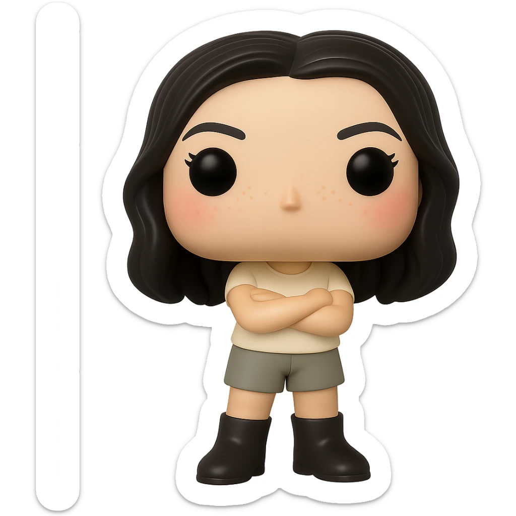 Edit the image into a Funko Pop style vinyl figure with realistic details. The figure should have no mouth, cream-colored top, grey bottoms, dark boots, and arms crossed. Add slightly rosy cheeks, very light freckles, and a mischievous and cheerful expression. The figure has dark hair. Remove the background to make it transparent. sticker