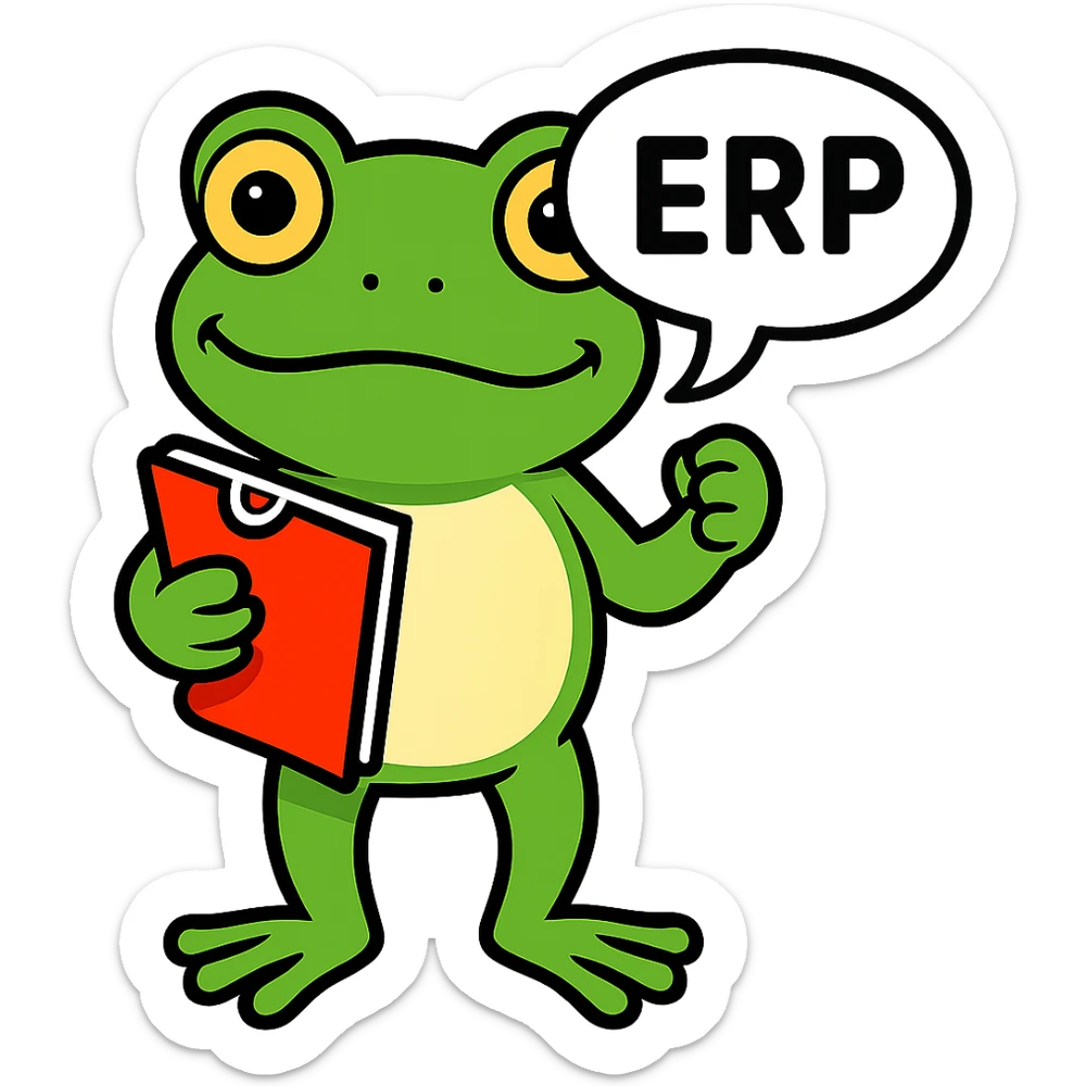 Change the sign to a speech bubble that says 'ERP', keep the frog and style the same. Remove the background. The original style is a green bufo frog meme style. sticker