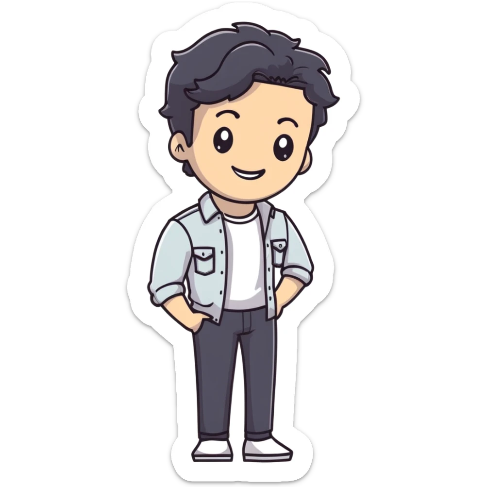 Casual business strategist with black wavy hair, stubble, strong features, white skin, wearing casual Friday outfit with no tie, leaning back relaxed, friendly smile, personal and approachable for Instagram profile sticker