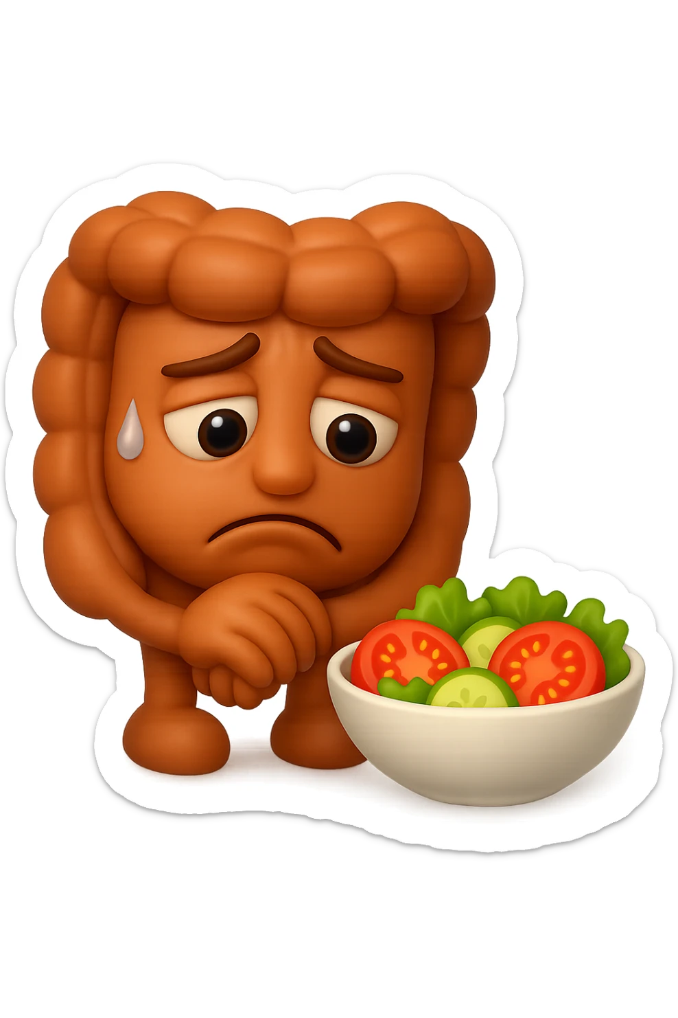 EMOJI STILE IPHONE DI UN INTESTINO UMANO ANATOMICO CHE GUARDA UN INSALATA CON ESPRESSIONE TRISTE E RASSEGNATA IN VOLTO: SOFFRE LA FAME PERCHé è A DIETA, FAGLI ANCHE LA PARTE BIANCA DEGLI OCCHI, NON SOLO LE PUPILLE, IPERREALISTICO 4K sticker