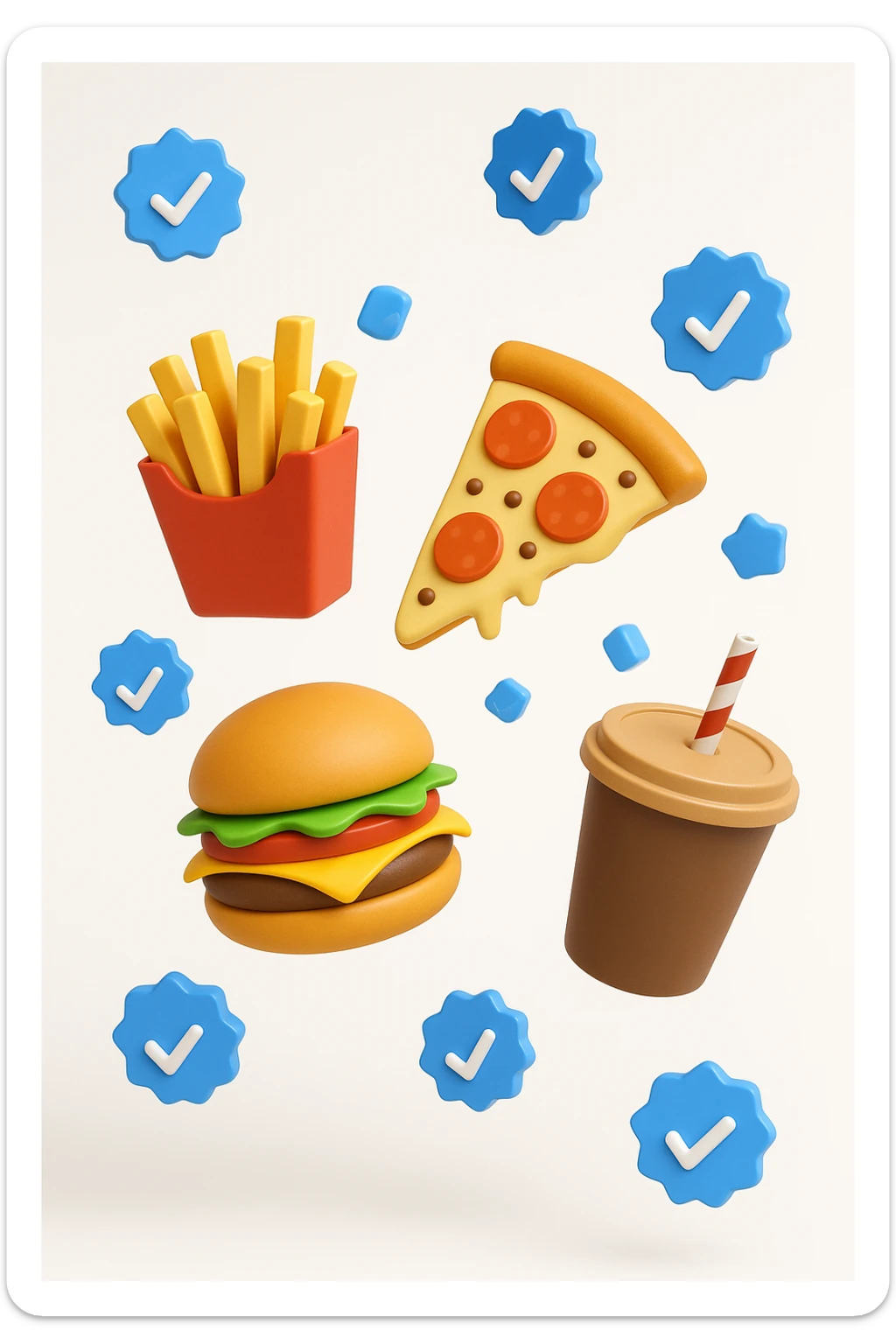 fast food fluttua in aria insieme a spunte di verificato in 3d, sfondo bianco sticker