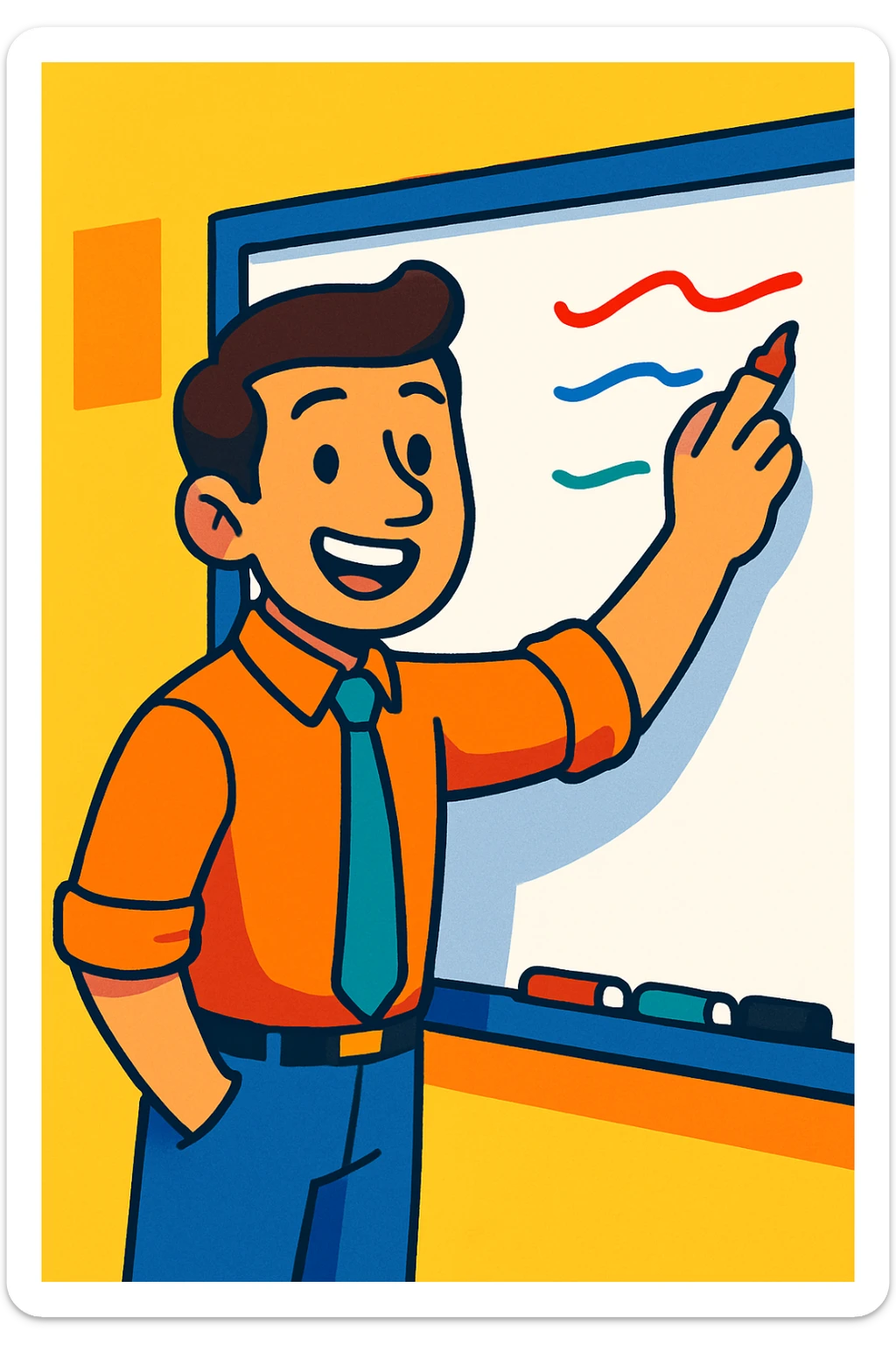 cheerful male teacher writing on a white board, cartoon style, vibrant colors sticker