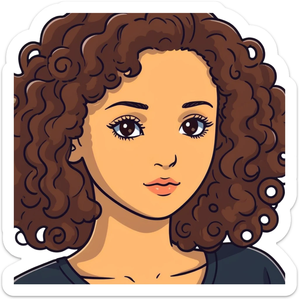 20-year-old woman with long curly brown hair, small hazel eyes, long eyelashes sticker