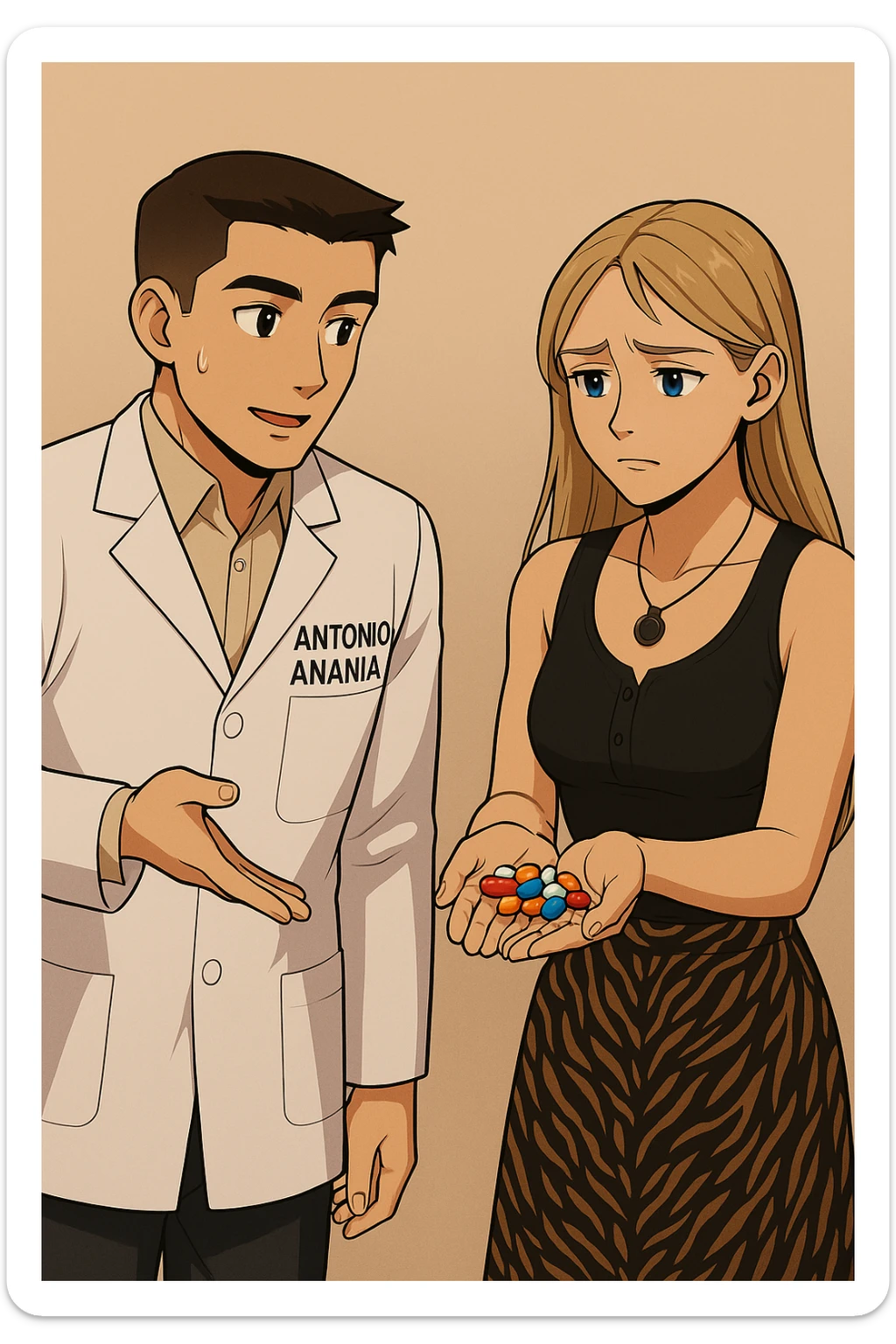 fai un webtoon/manga a colori con questo kinesiologo in camice bianco (fagli la scritta "ANTONIO ANANIA" SUL CAMICE) CHE PARLA CON QUESTA RAGAZZA CON GLI OCCHI AZZURRI. la ragazza gli fa una domanda preoccupata e IL KINESIOLOGO CON IL CAMICE BIANCO LE risponde. NON FARE I FUMETTI, FAI SOLO LORO COME SE DIALOGASSERO sticker