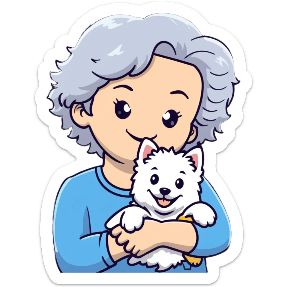 50-year-old woman with silver curly hair, smiling, with a Westie dog, cartoonish sticker sticker