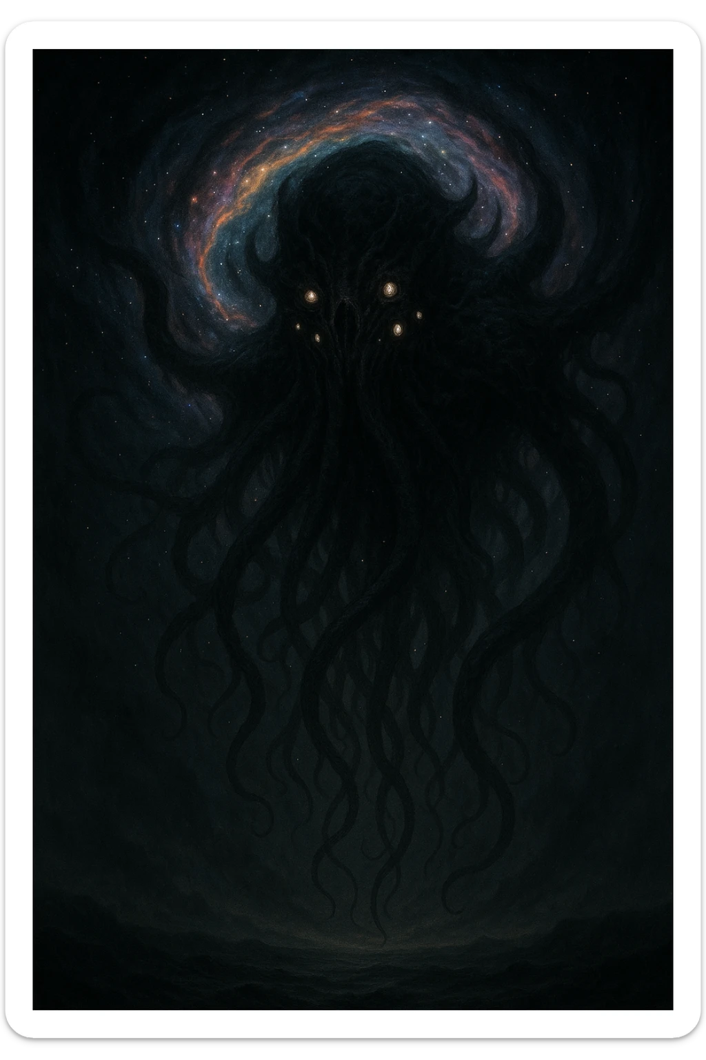gigantic eldritch horror looming from a rift in the sky, swirling colors and stars, otherworldly and menacing, cosmic horror illustration sticker