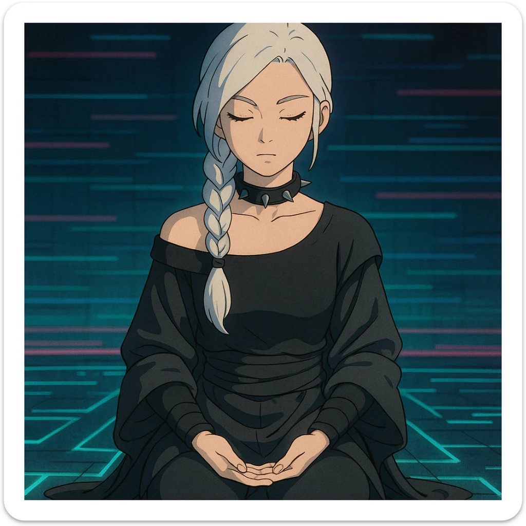  a closeup portrait of young woman with gold yellow eyes, white hair, long braid, black off-shoulder top, punk gothic style, futuristic cyberwave cyberpunk,  jedi attire, kneeling and gathering chi, jedi meditate, eyes closed hands at full rest sticker