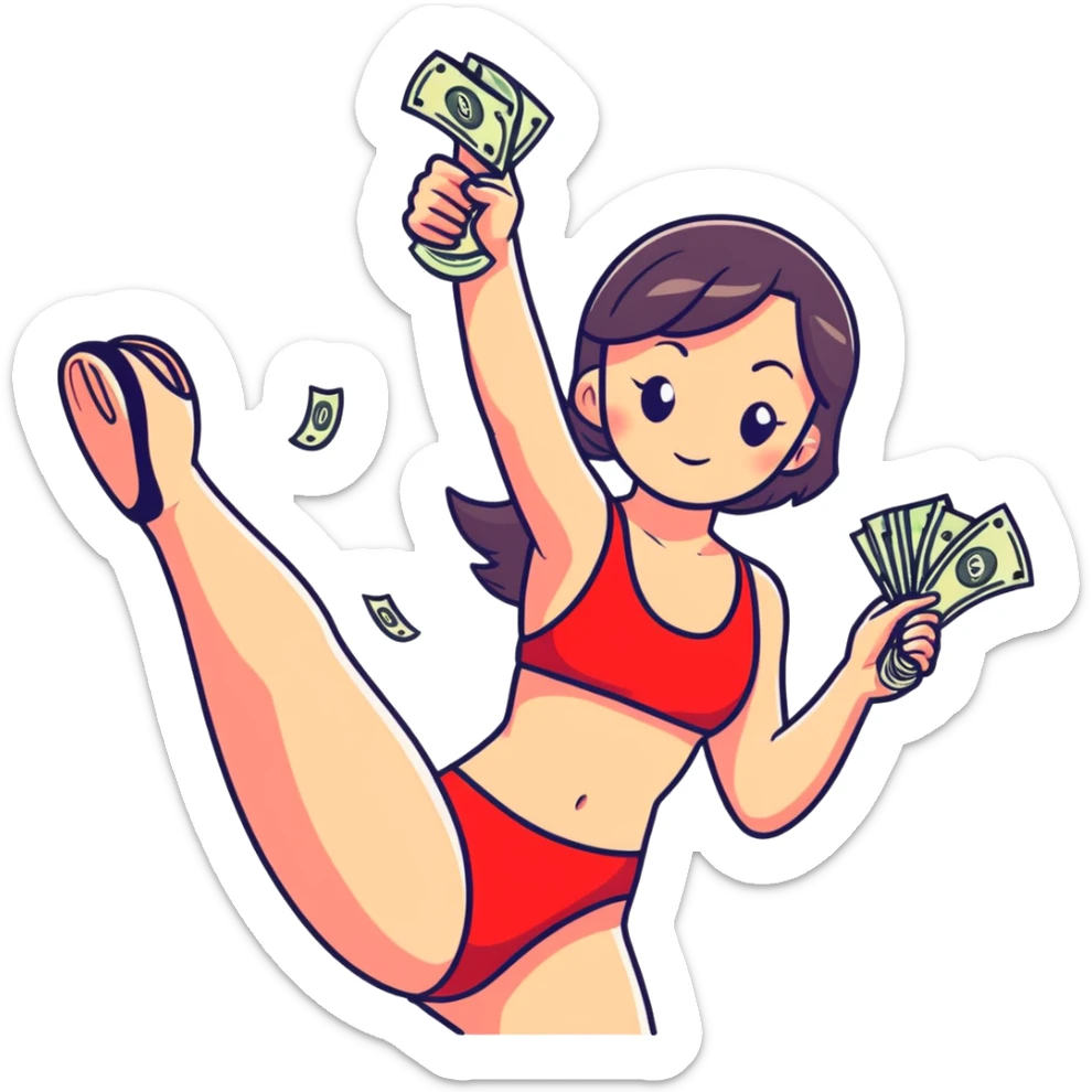 A girl in a red swimsuit shoots two guns with money into the air sticker