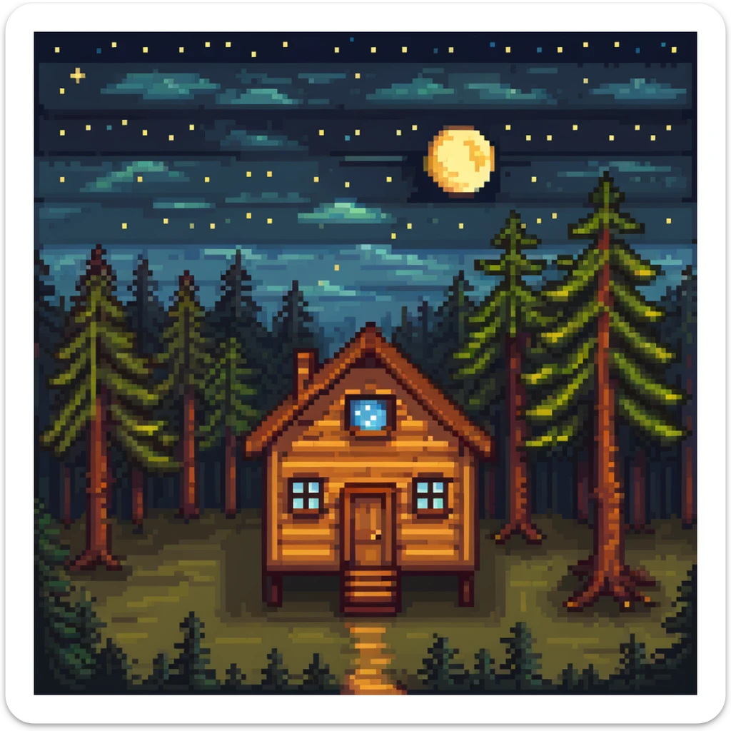 wooden house in a pine forest at night with stars in the sky sticker