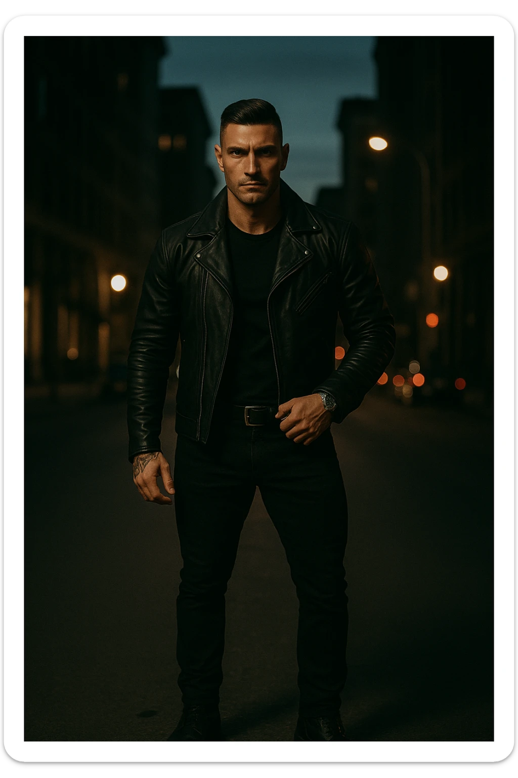A confident, strong man standing in the middle of a city street at dusk, wearing a black leather jacket and boots, sharp jawline, intense gaze. Radiating masculine energy. Cinematic lighting, moody urban background, dramatic shadows, shallow depth of field. 35mm film style sticker