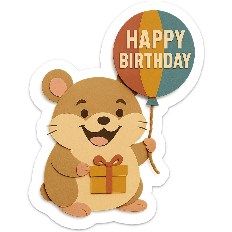 Add the other ear to the hamster on the opposite side, keep the ribbon on the gift box, happy expression, and colorful 'Happy Birthday' balloon sticker