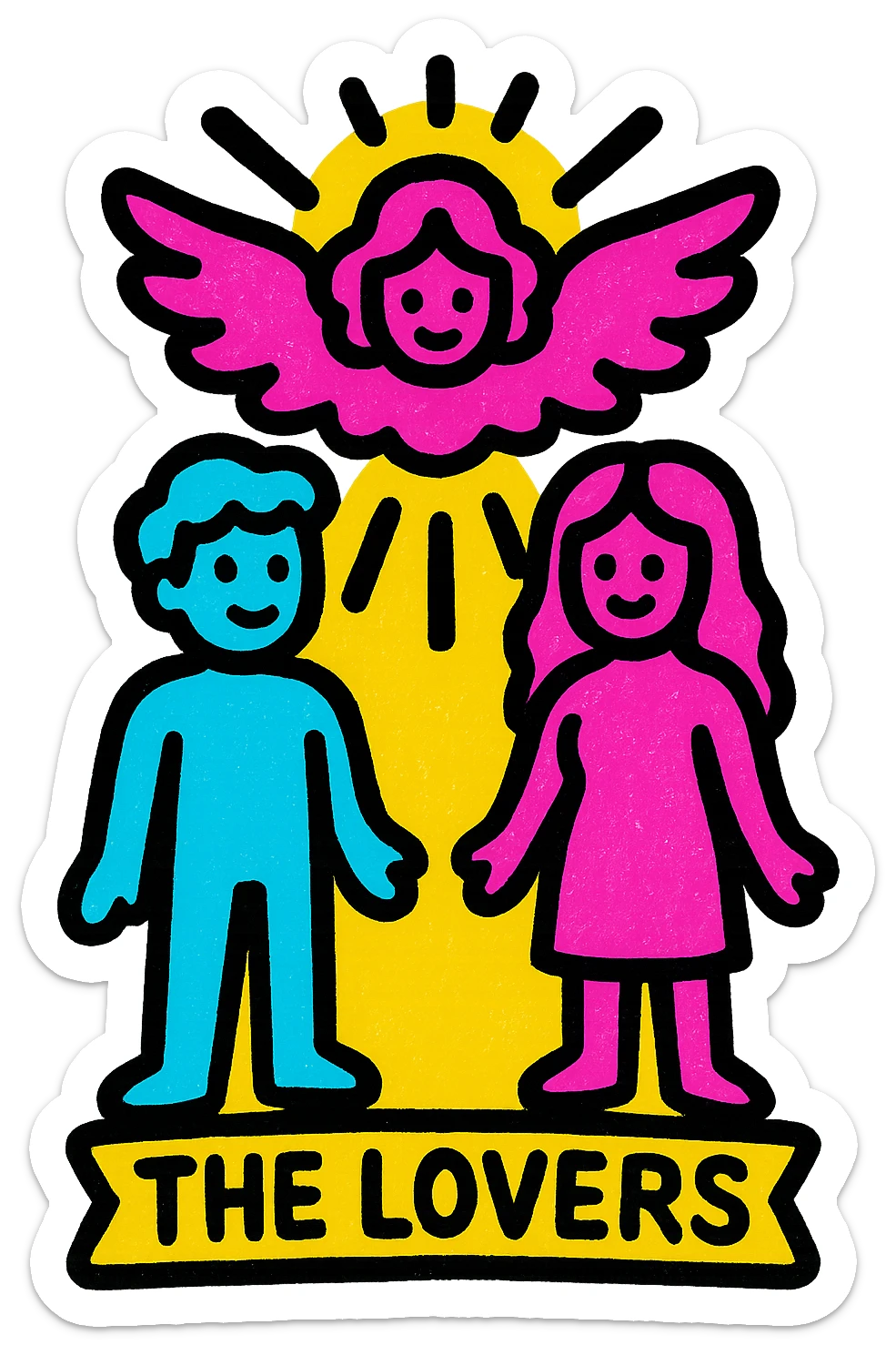 The Lovers tarot card emoji, two figures standing together with an angel above them, vibrant detailed style sticker