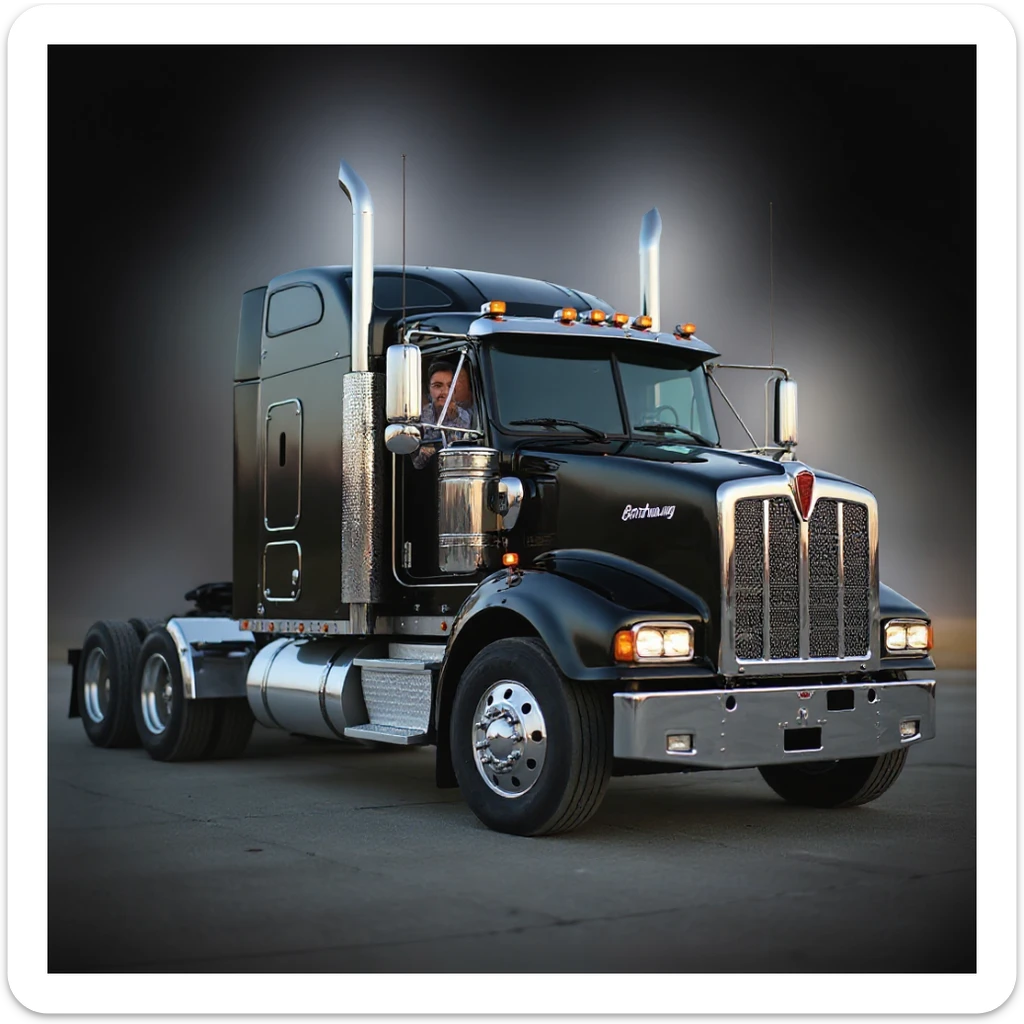 Edit the image to show only one person in the black Kenworth W680 sleeper semi truck, hanging out of the window with one arm up. The truck has chrome stacks. The style is realistic and photorealistic. Keep the background transparent as requested. sticker