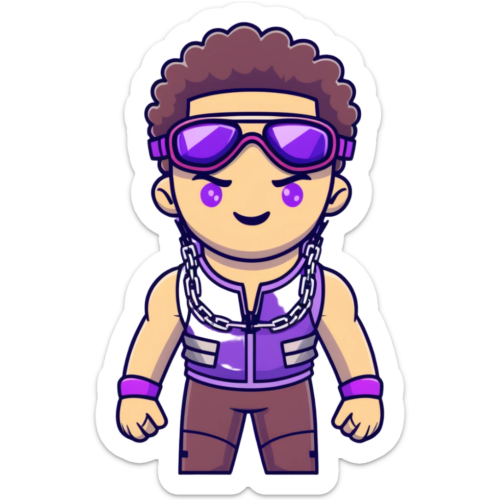 close-up of cool guy male athlete with white skin and moderately curly dark brown hair on top with shaved sides, with one purple ski goggle lens pushed up above his eyes on his forehead, sticking his tongue out of his mouth, wearing only a plain black chain necklace around his neck, and a completely unzipped sleeveless vest with purple and black sequin fire pattern design with no logo, clearly showing he is shirtless underneath with exposed chest and abs sticker