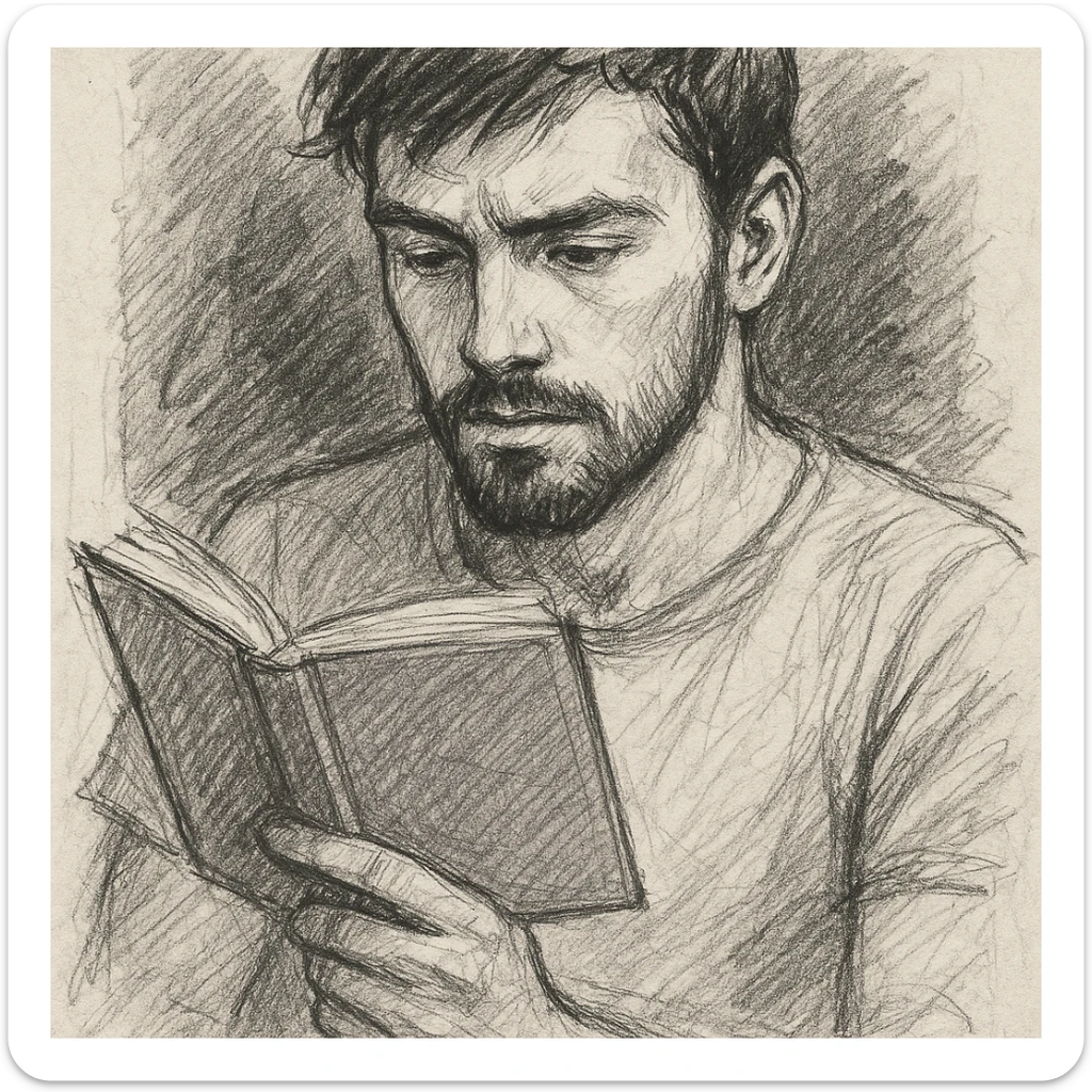 a white young man with a black beard, straight hair, and brown eyes reading a lilac-colored book, hand-drawn sketch style sticker
