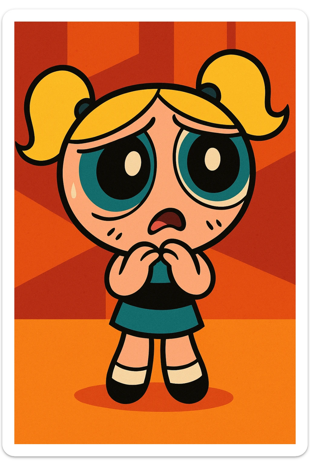 Powerpuff Girls character with a worried emotion, cartoon style, vibrant colors sticker