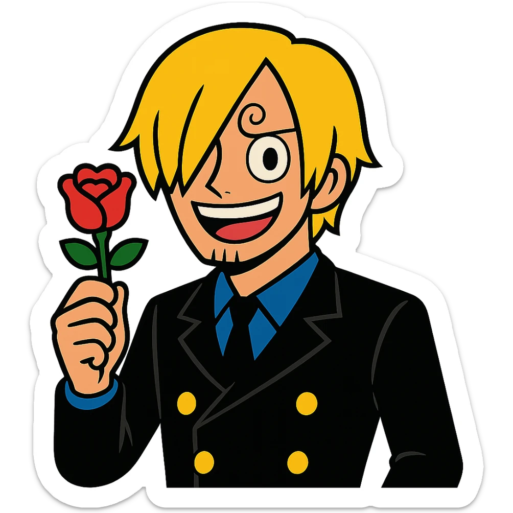 cartoon style Sanji from One Piece, curly eyebrow, blond hair, black suit, smiling, holding a rose sticker