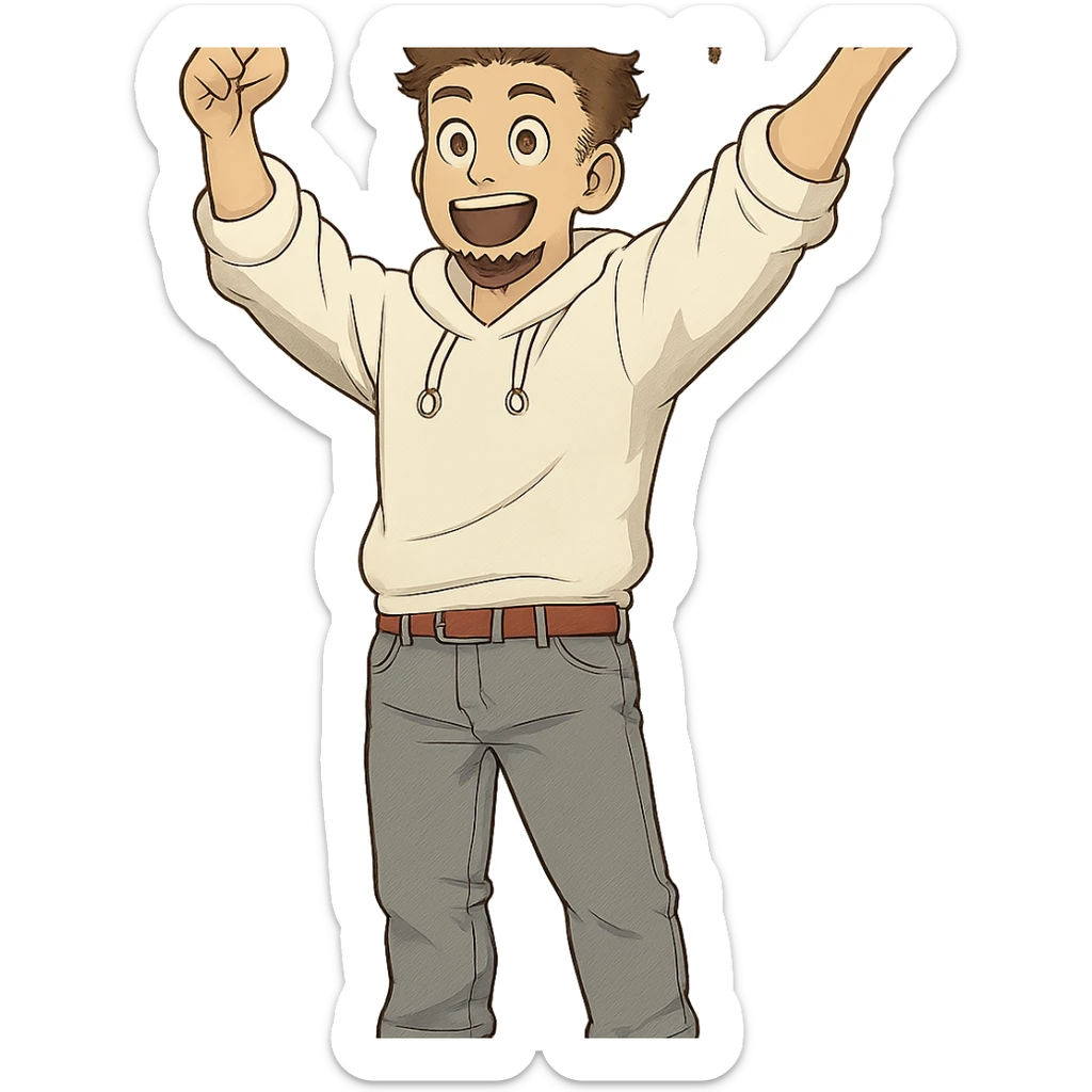 1 male, mid fade haircut dark chestnut brown curly hair, toasted lightskin, white hoodie sleeves up, gray fashion jeans, red fashion-sneakers shoes, red belt, short trimmed beard and goatee,  style of deku from "my hero academia",  "happy!" pose sticker