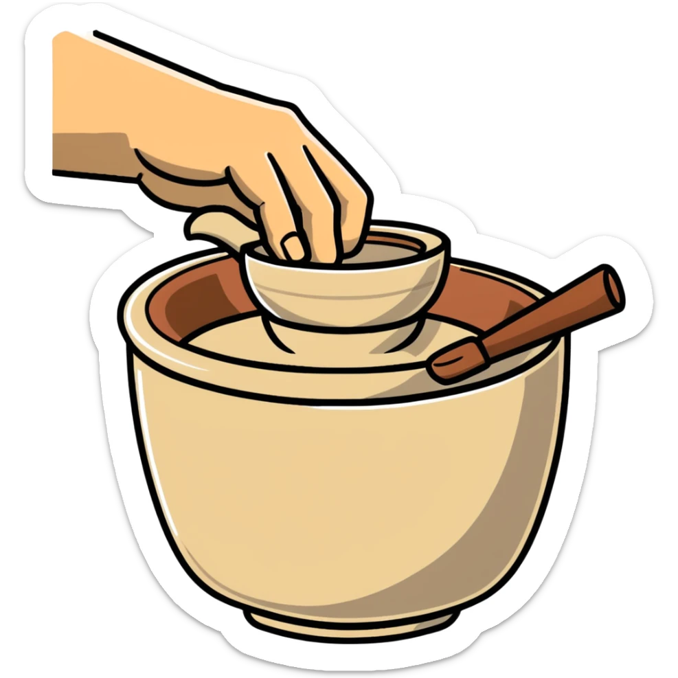 thumb pressing side of clay onto a silver pottery wheel, thumb at the bottom of the clay, pottery gesture sticker