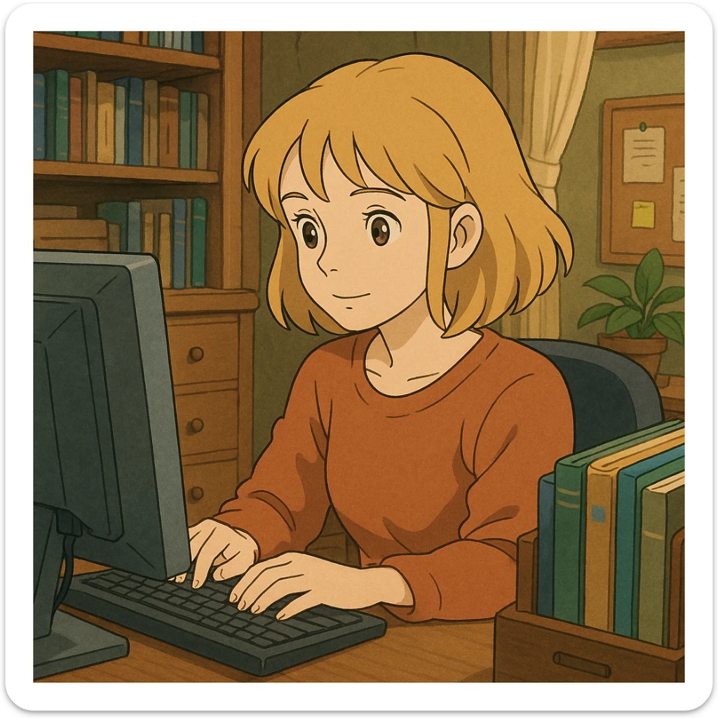 brown-eyed blonde young woman working on a computer in a cozy office sticker