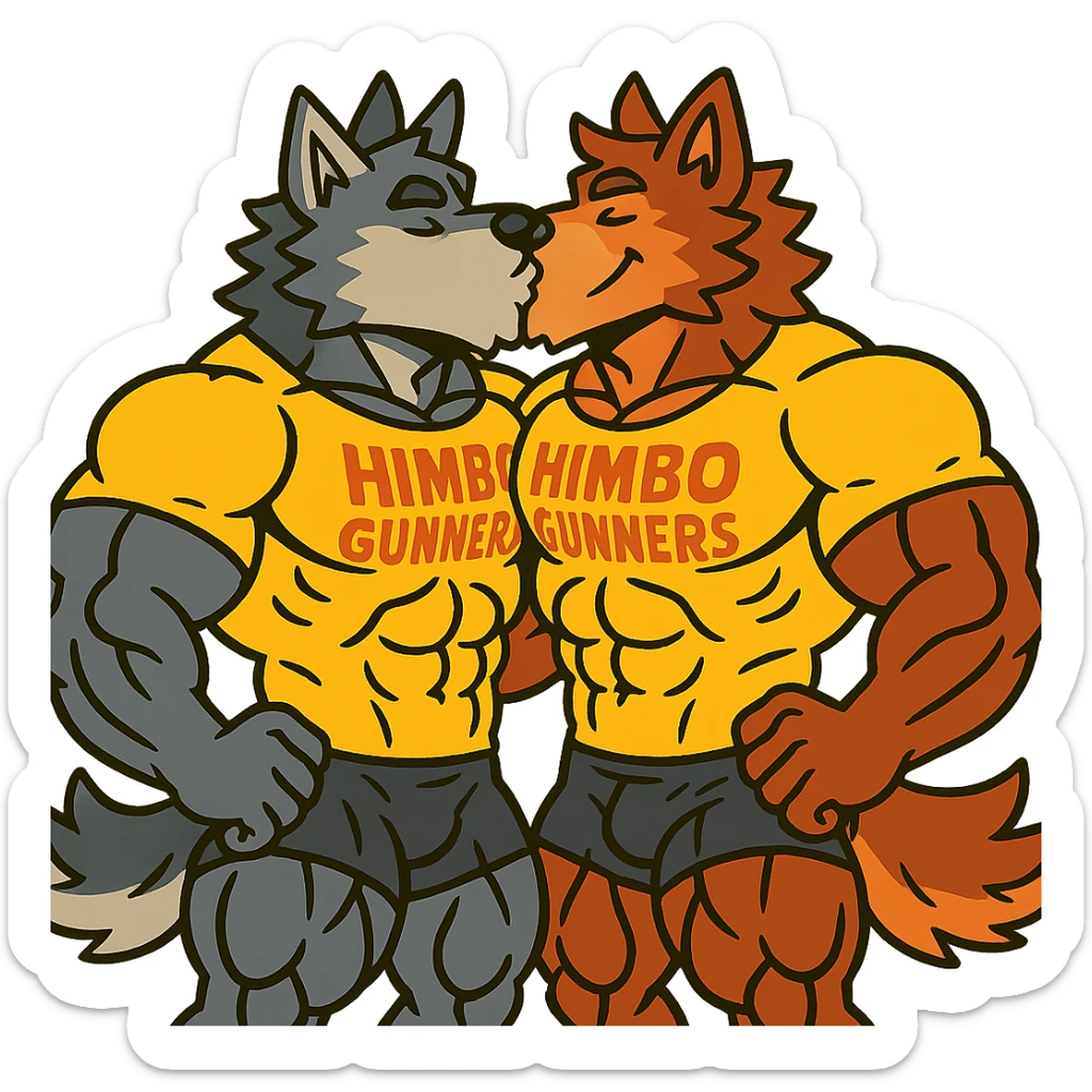 two super buff wolf furries in matching 'Himbo gunners' t-shirts, kissing, happy and confident, exaggerated muscle definition, detailed fur and anatomy, ultra high quality sticker