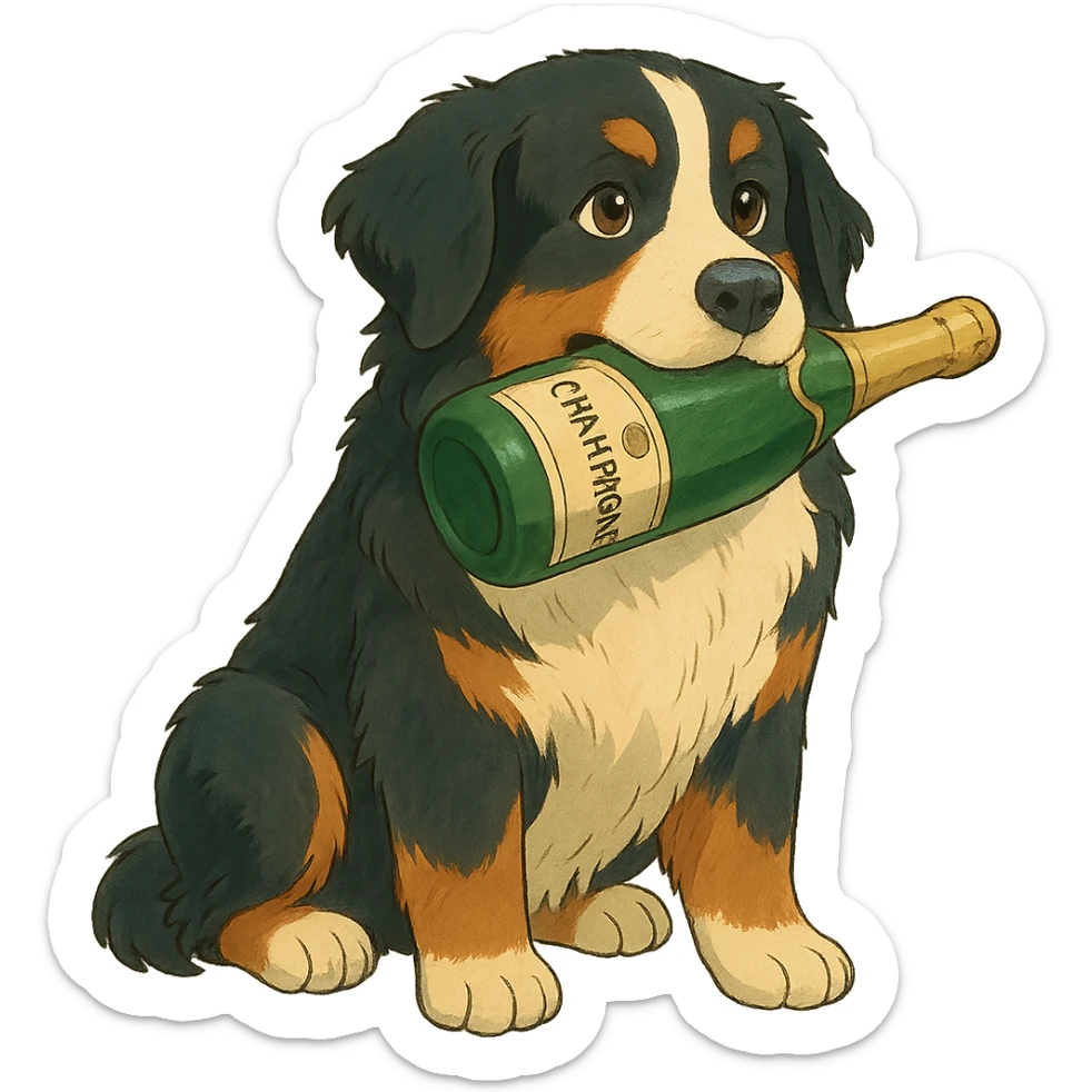 bernese mountain dog with a toy champagne bottle in its mouth, ghibli style sticker
