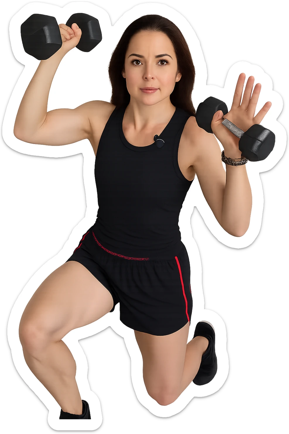 Allenamento ad alta intensità donna mentre fa pesi con in mano due manubri sticker