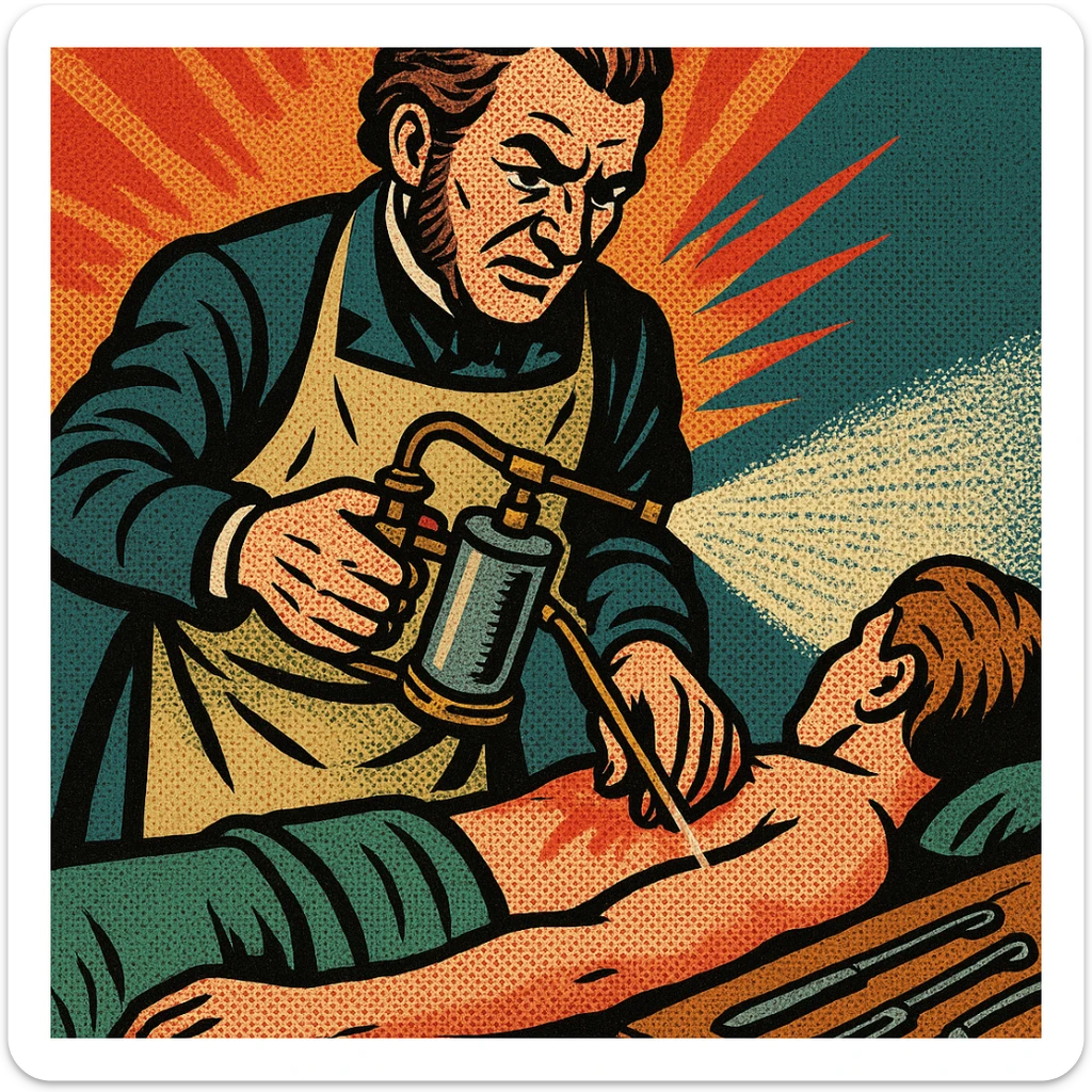 A victorian surgeon like Joseph Lister using a carbolic acid spray during an operation on a patient's arm. The spray is being aimed at the arm being operated on. The patient is on a wooden operating table. There are surgical tools on a bench to the side. sticker