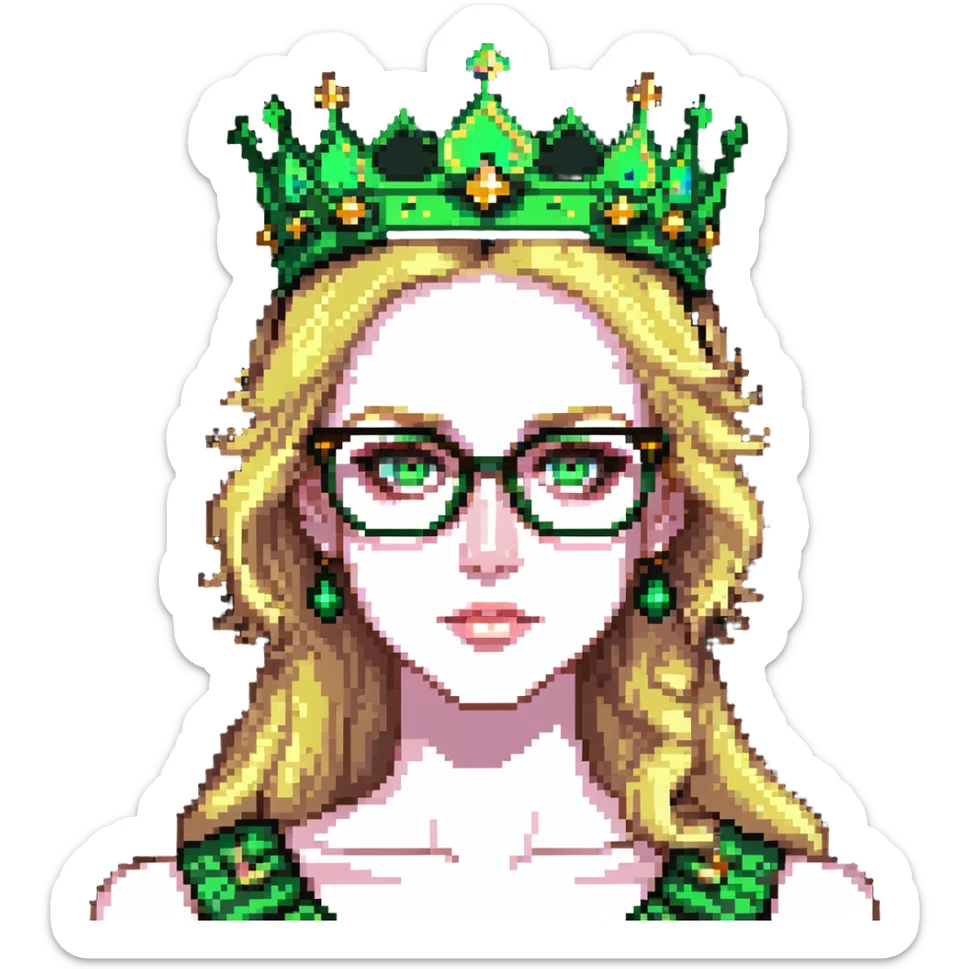 beautiful princess with blonde hair, striking green eyes, wearing glasses and a crown sticker