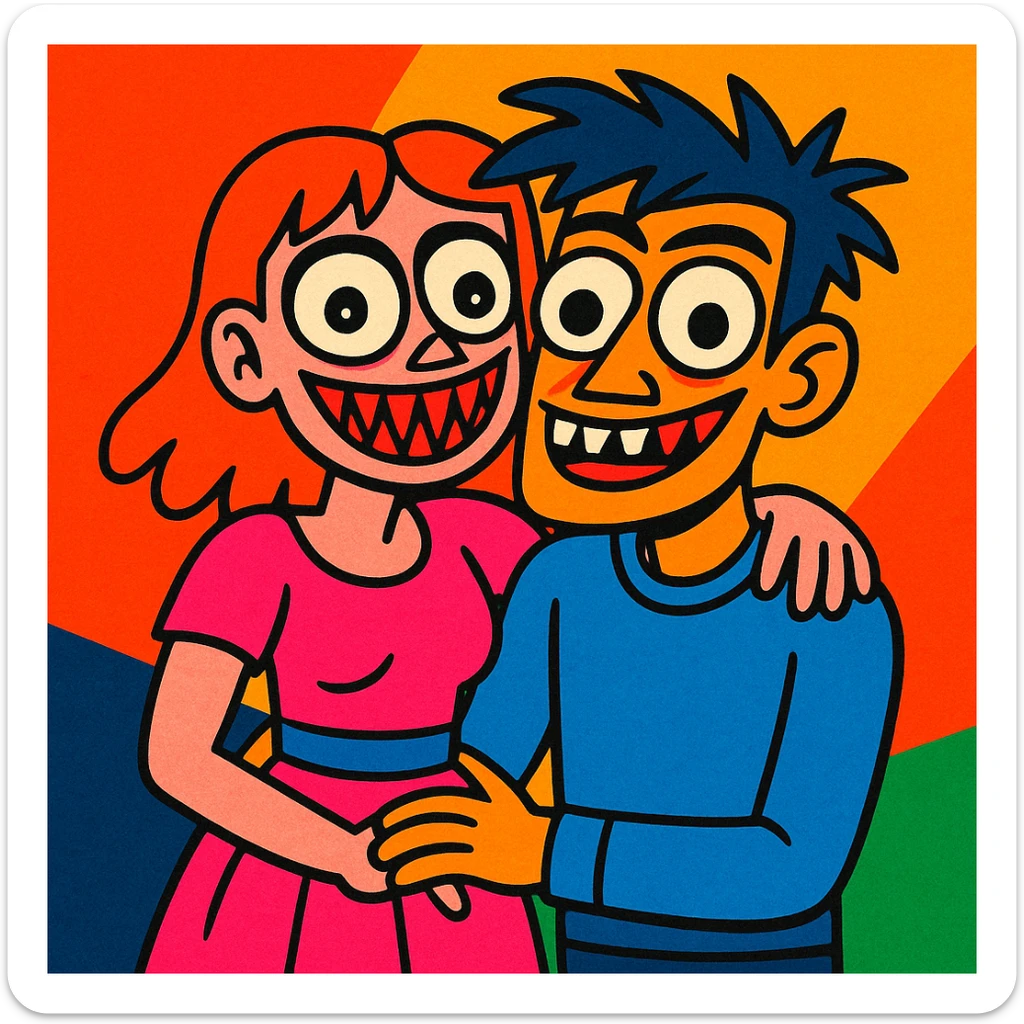 cartoon style girl with boyfriend, exaggerated and unsettling features, vibrant colors sticker